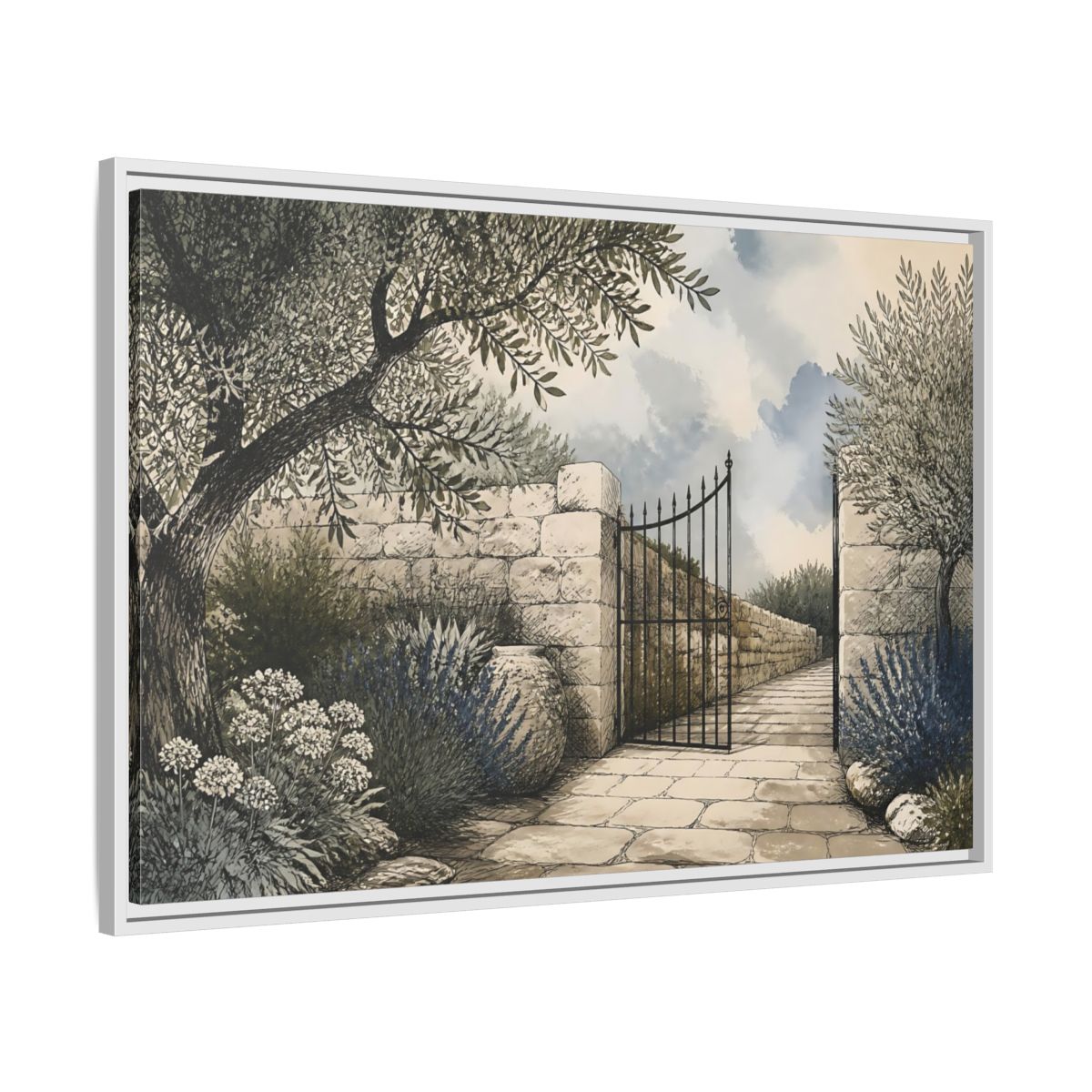 Side Mockup 9. Olive Garden Gate shown as framed canvas print