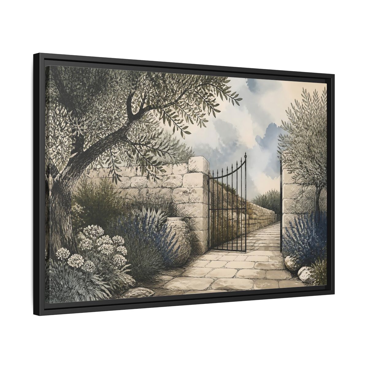 Side Mockup 14. Olive Garden Gate shown as framed canvas print