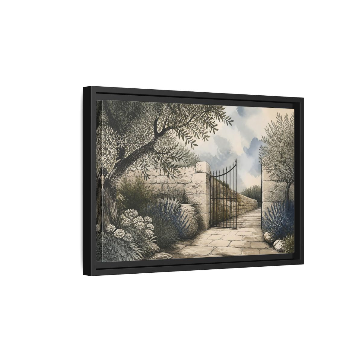Side Mockup 6. Olive Garden Gate shown as framed canvas print