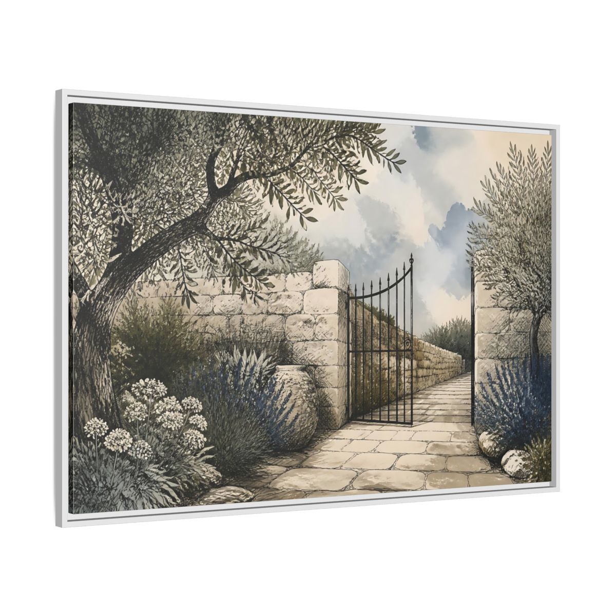 Side Mockup 7. Olive Garden Gate shown as framed canvas print