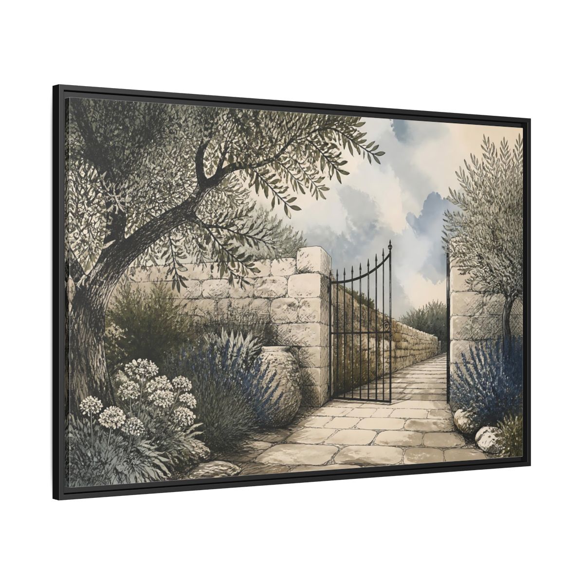 Side Mockup 12. Olive Garden Gate shown as framed canvas print
