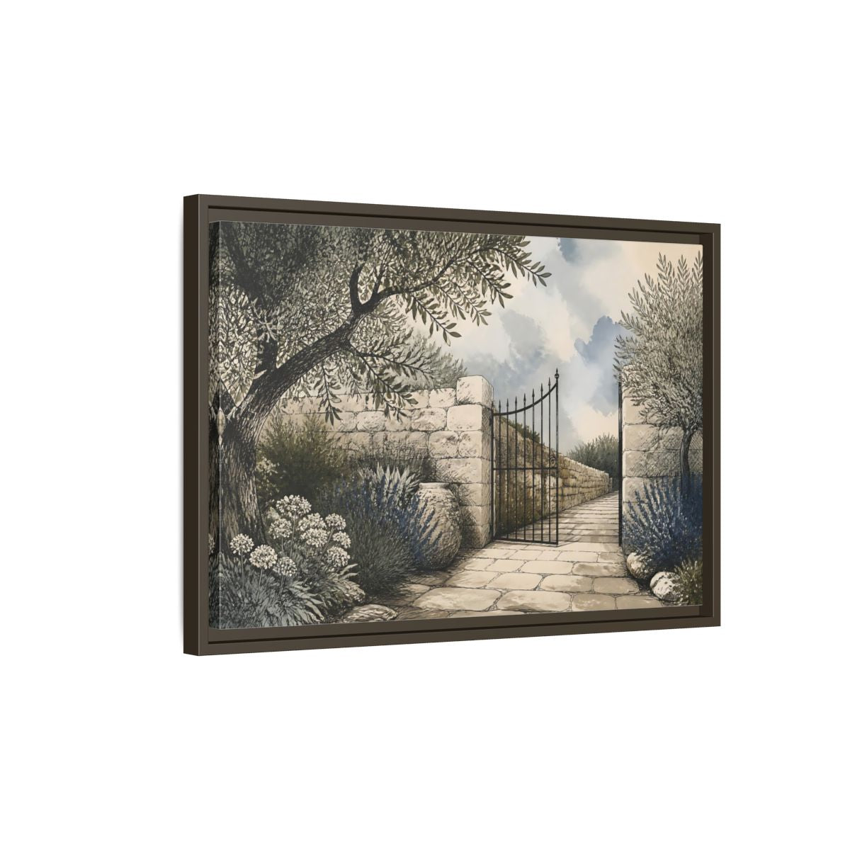 Side Mockup 2. Olive Garden Gate shown as framed canvas print