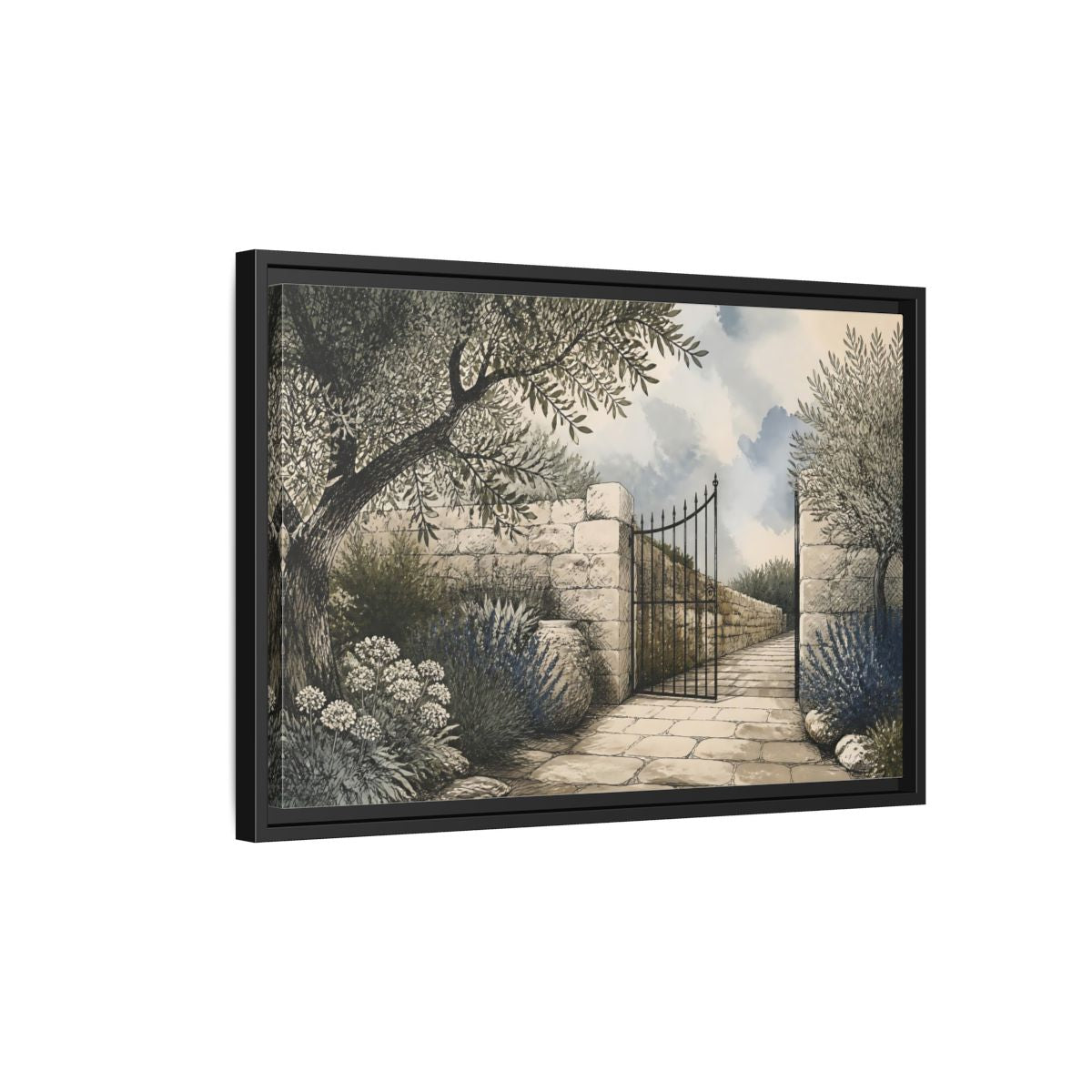 Side Mockup 3. Olive Garden Gate shown as framed canvas print