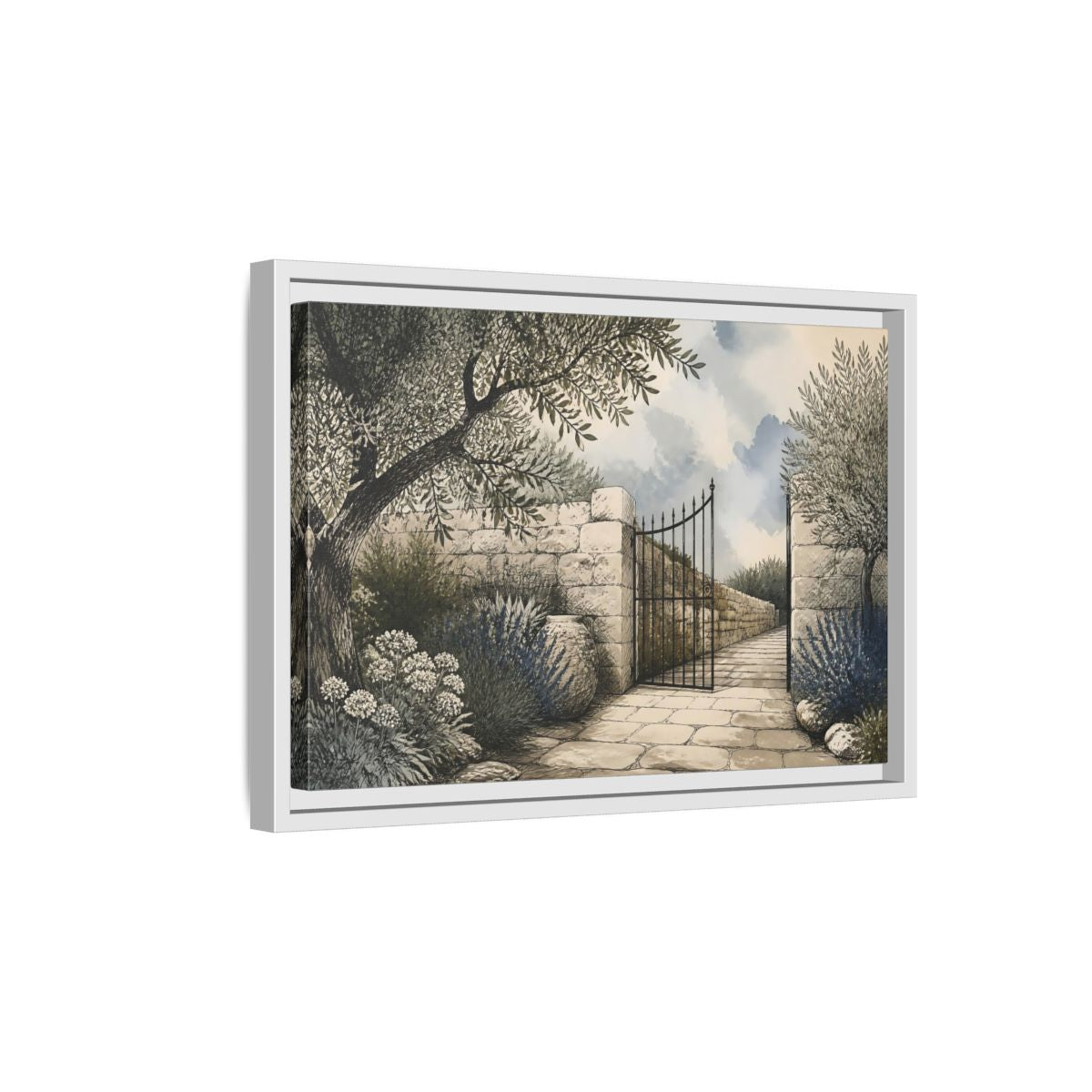 Side Mockup 4. Olive Garden Gate shown as framed canvas print
