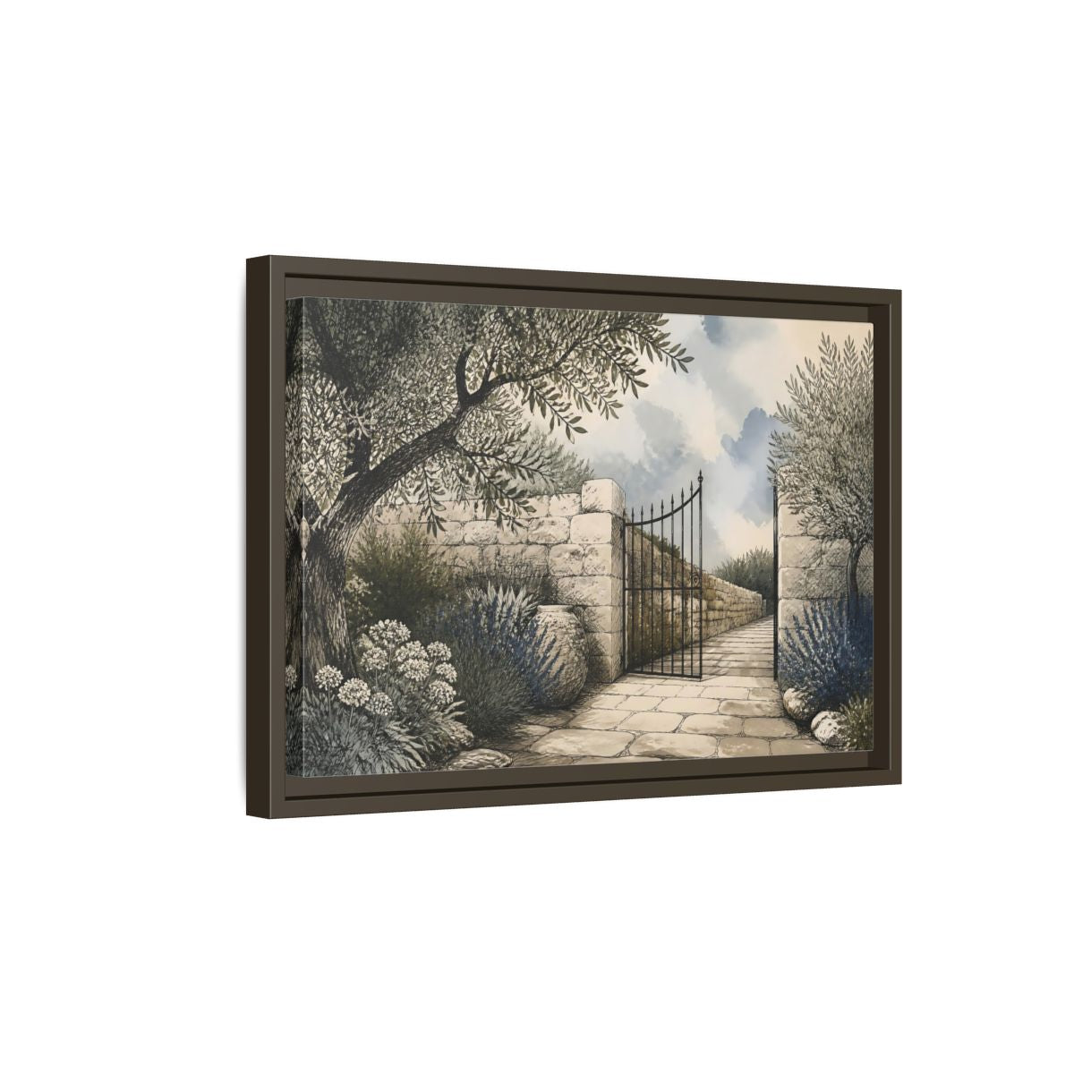 Side Mockup 5. Olive Garden Gate shown as framed canvas print