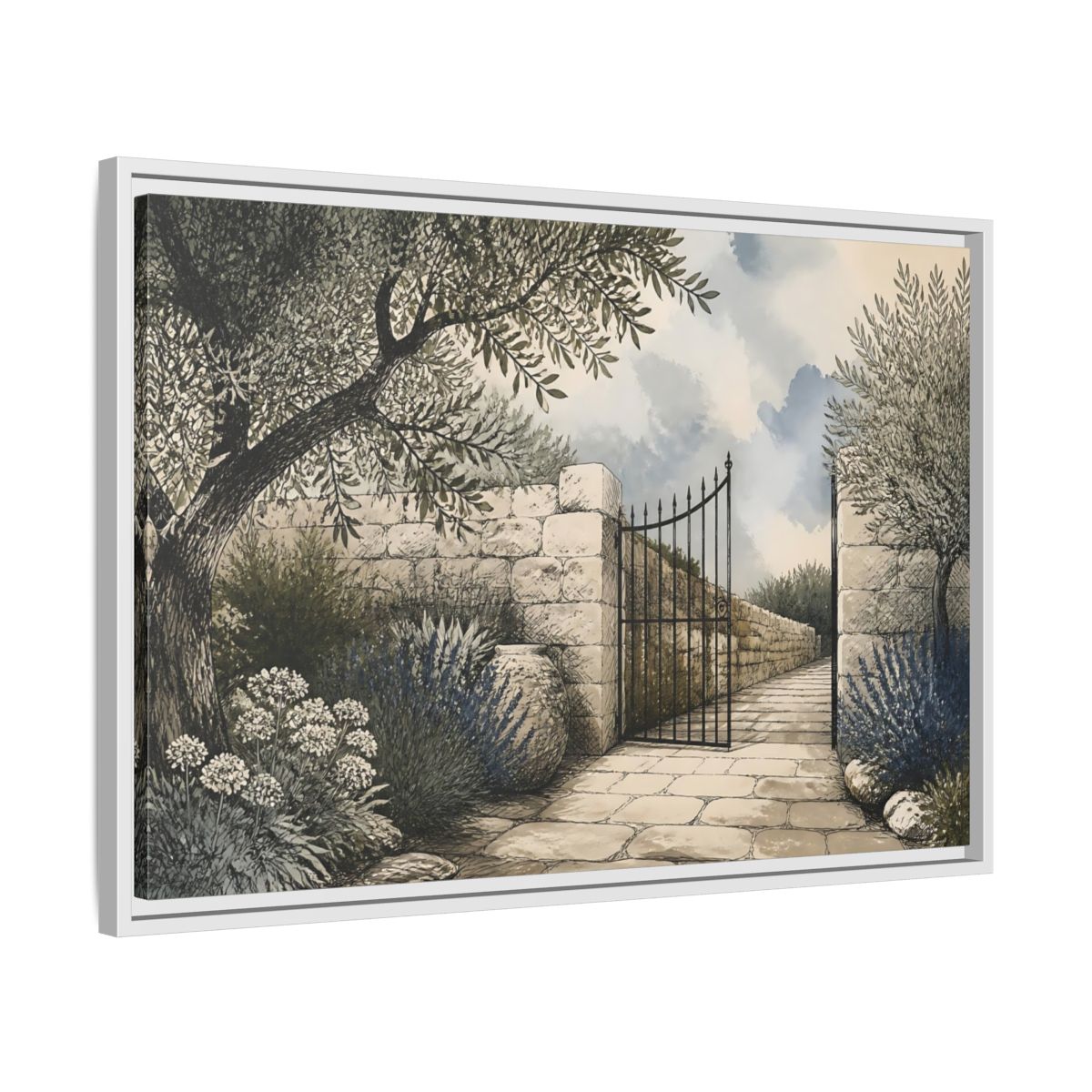 Side Mockup 10. Olive Garden Gate shown as framed canvas print