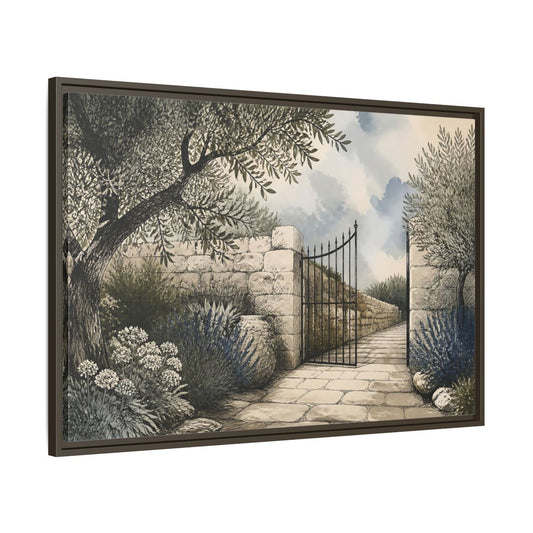 Main Mockup. Olive Garden Gate shown as framed canvas print