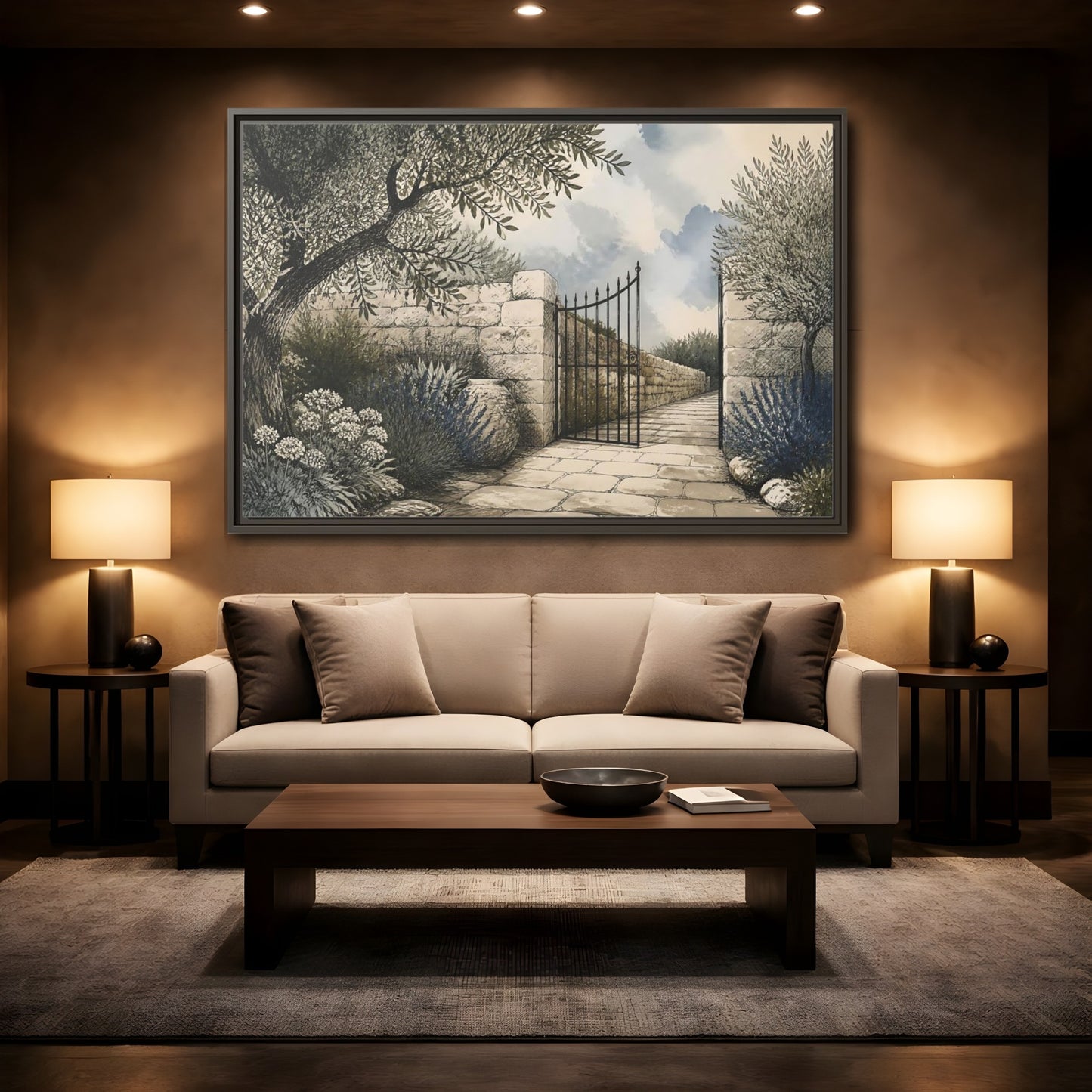 Mockup 2. Olive Garden Gate shown as framed canvas print