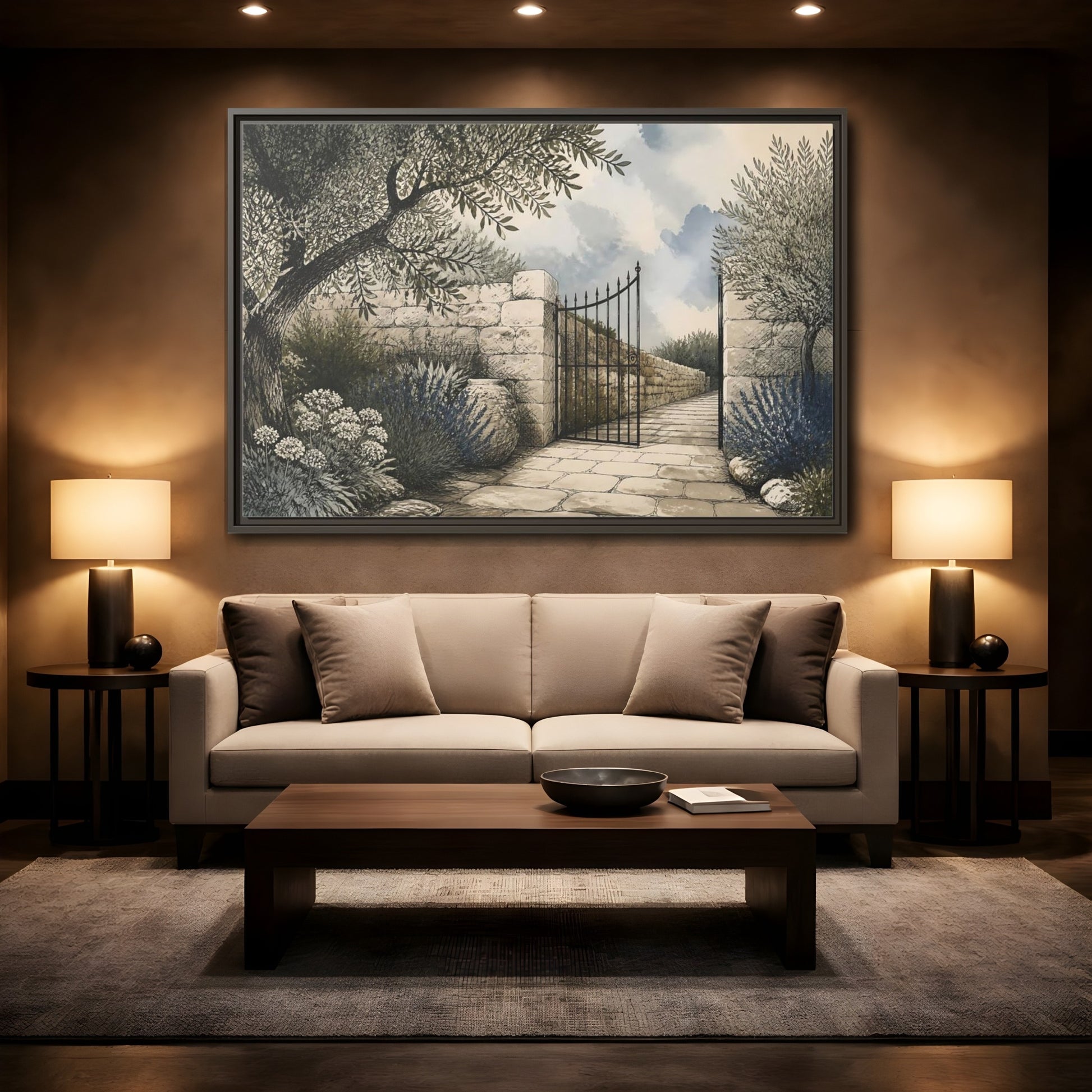 Mockup 2. Olive Garden Gate shown as framed canvas print