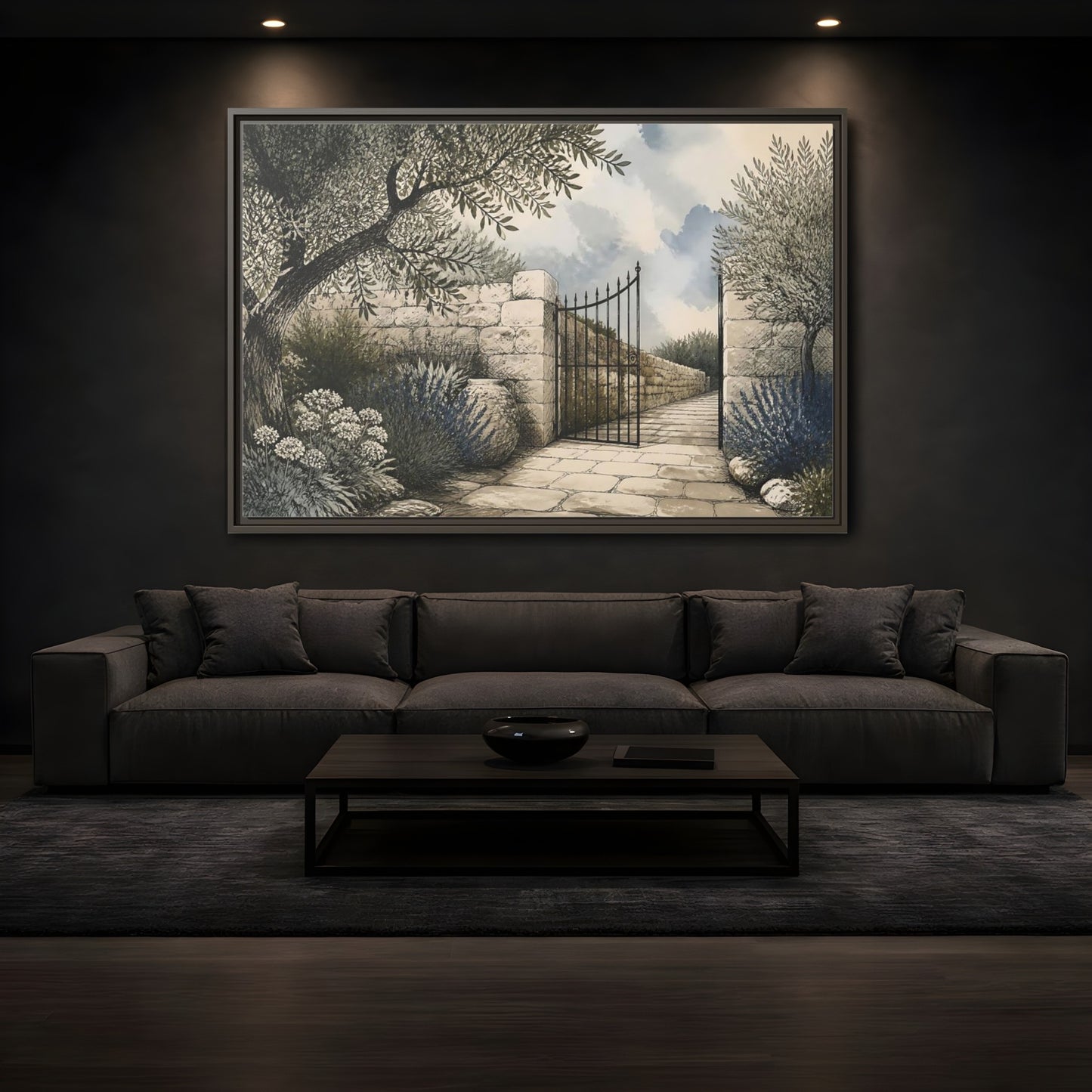 Mockup 3. Olive Garden Gate shown as framed canvas print
