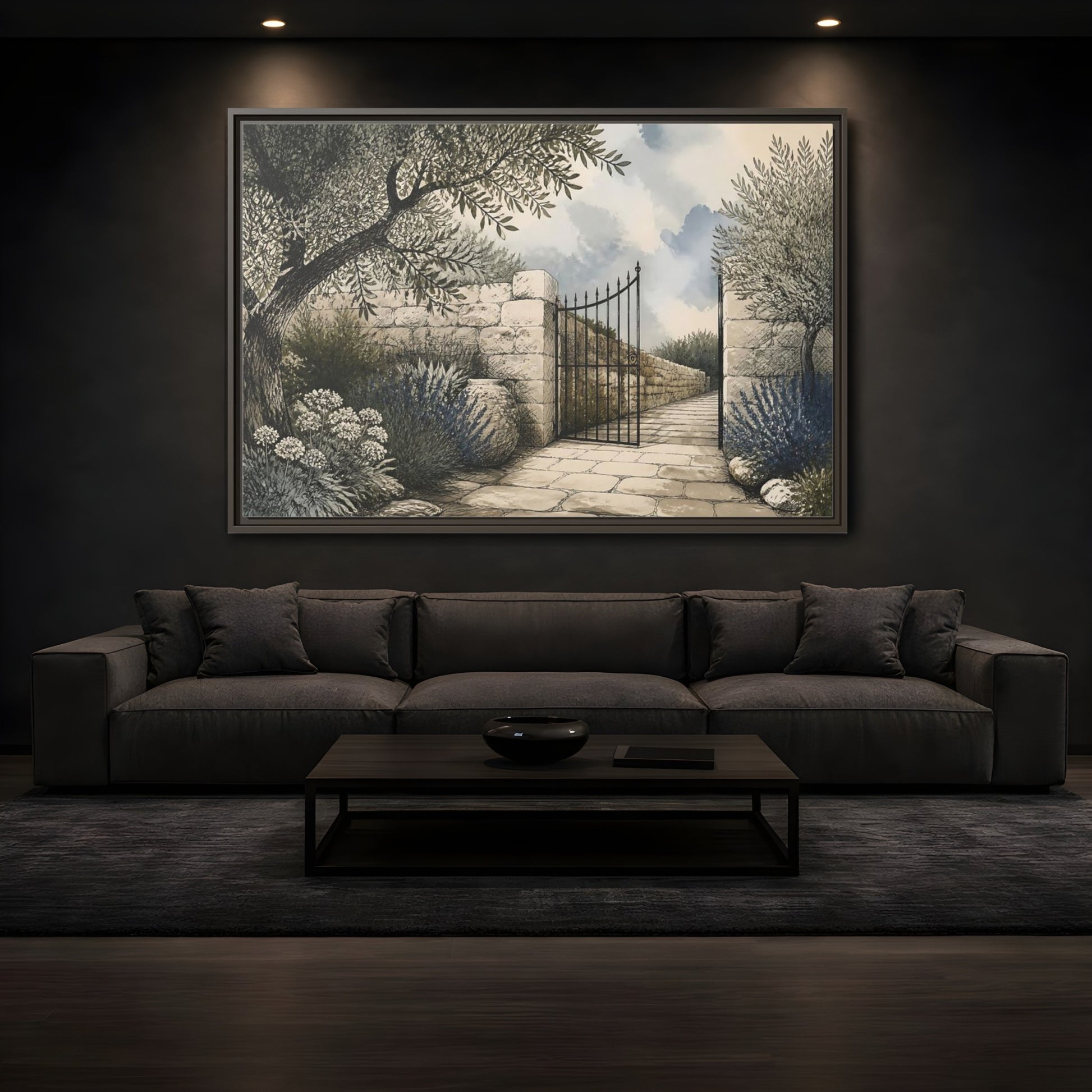 Mockup 3. Olive Garden Gate shown as framed canvas print
