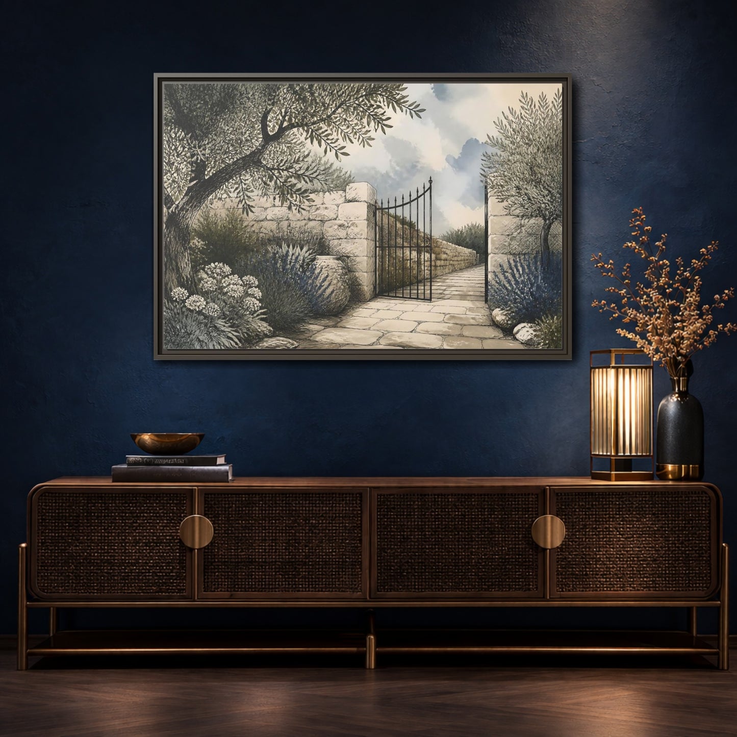 Mockup 4. Olive Garden Gate shown as framed canvas print