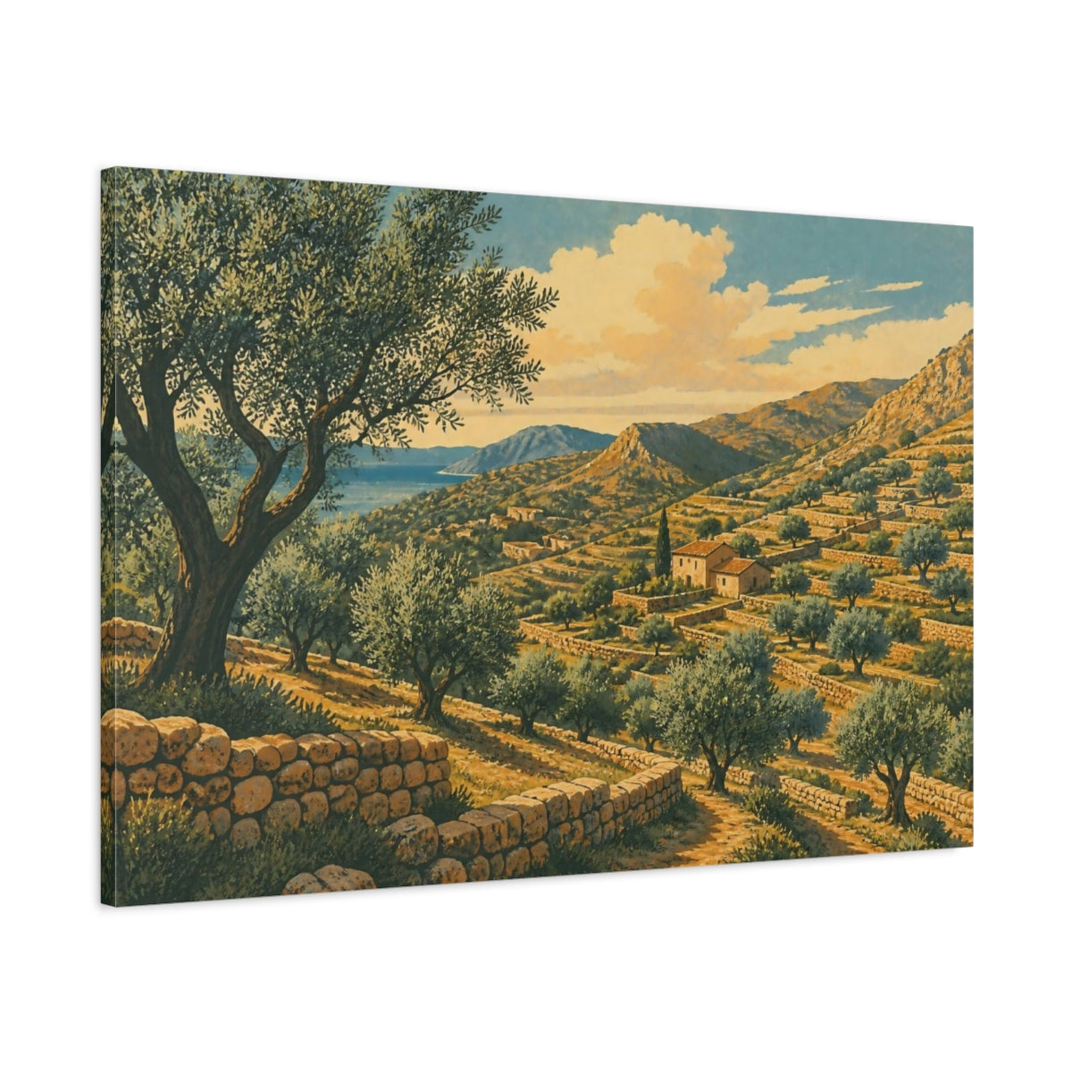 Main Mockup. Olive Terrace Landscape shown as canvas print