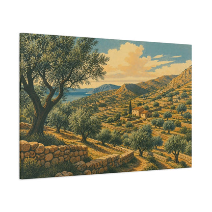 Side Mockup 1. Olive Terrace Landscape shown as canvas print
