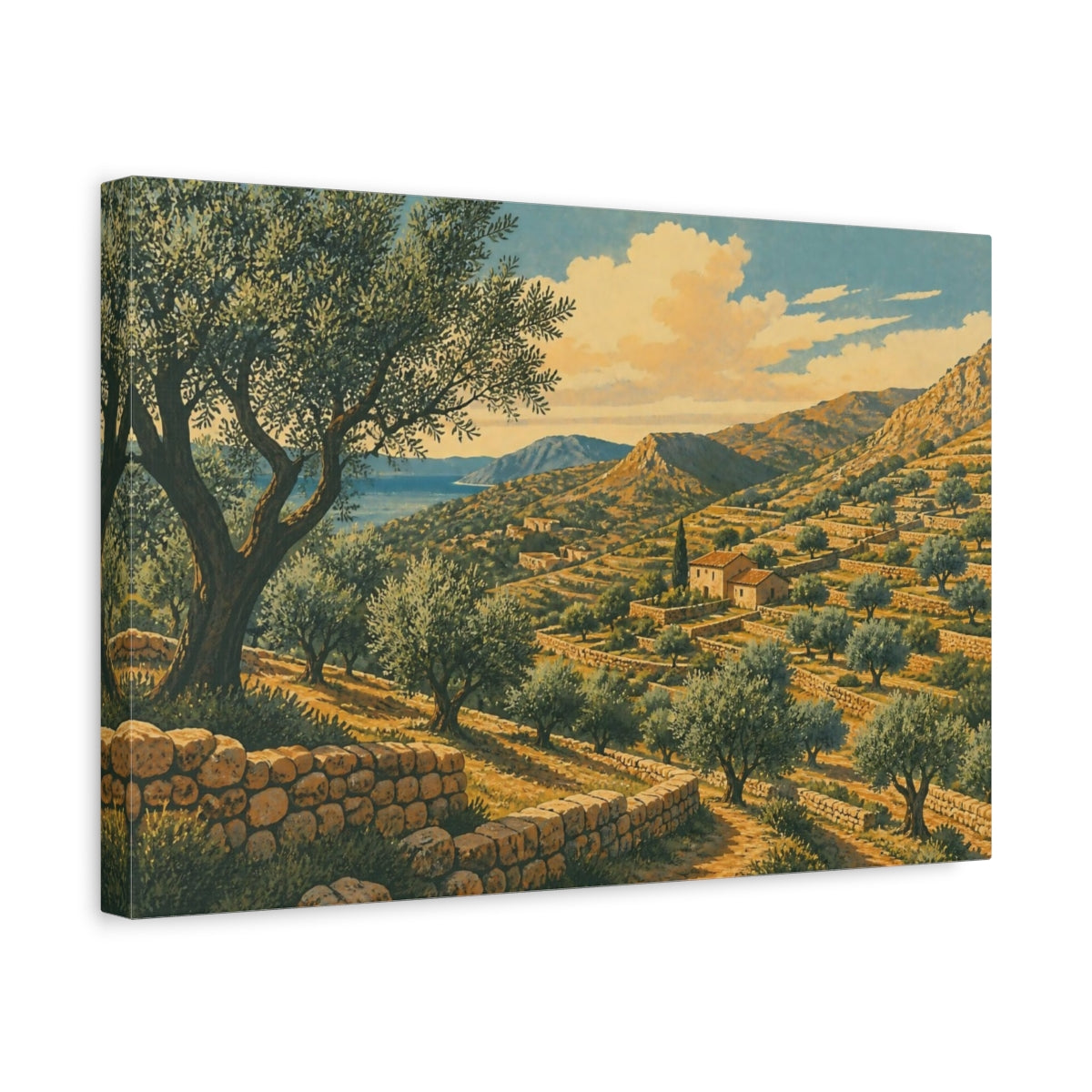Side Mockup 4. Olive Terrace Landscape shown as canvas print