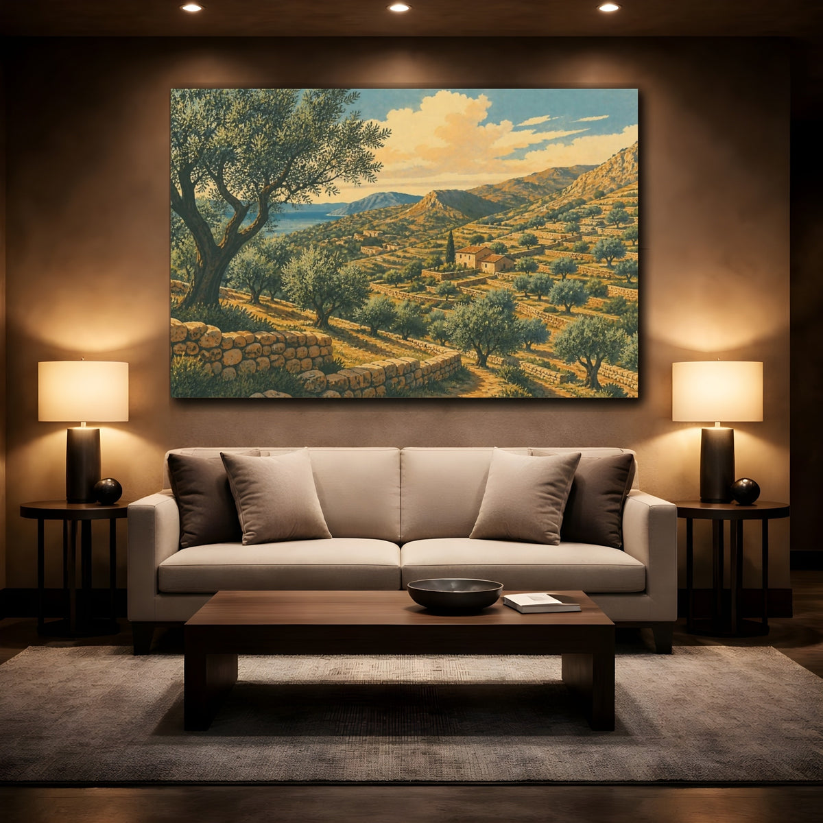 Mockup 2. Olive Terrace Landscape shown as canvas print