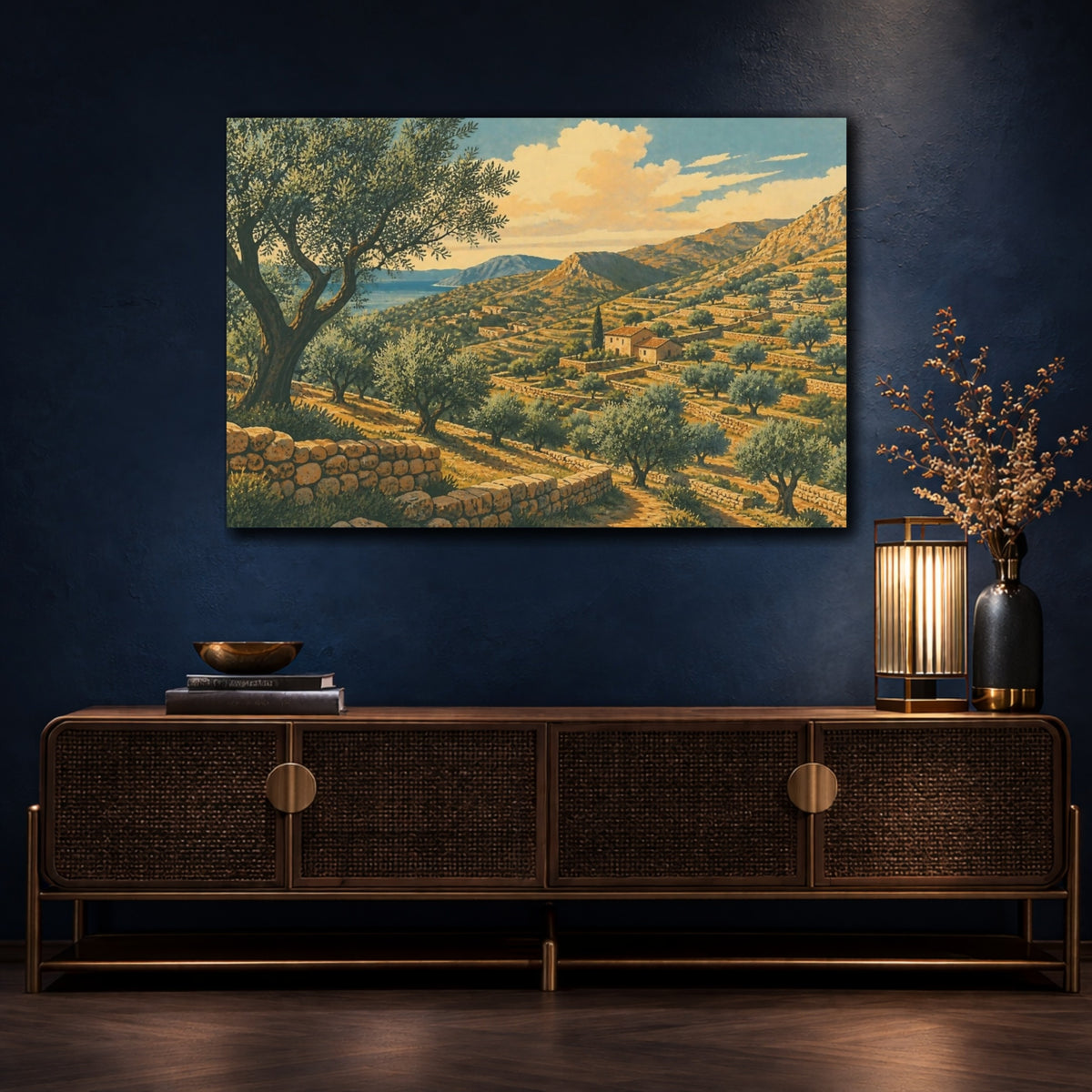 Mockup 4. Olive Terrace Landscape shown as canvas print