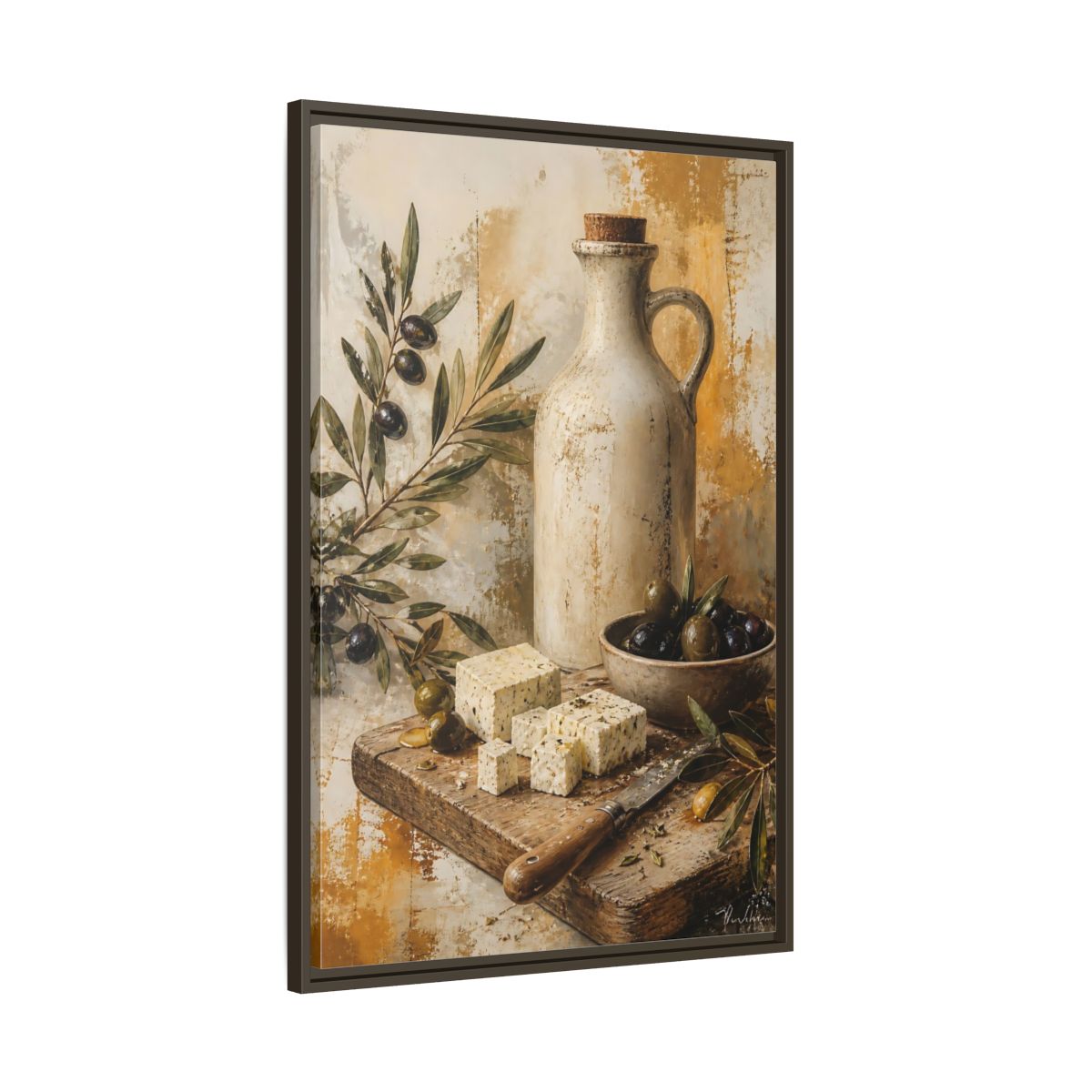 Main Mockup. Olives & Herb Cheese shown as framed canvas print