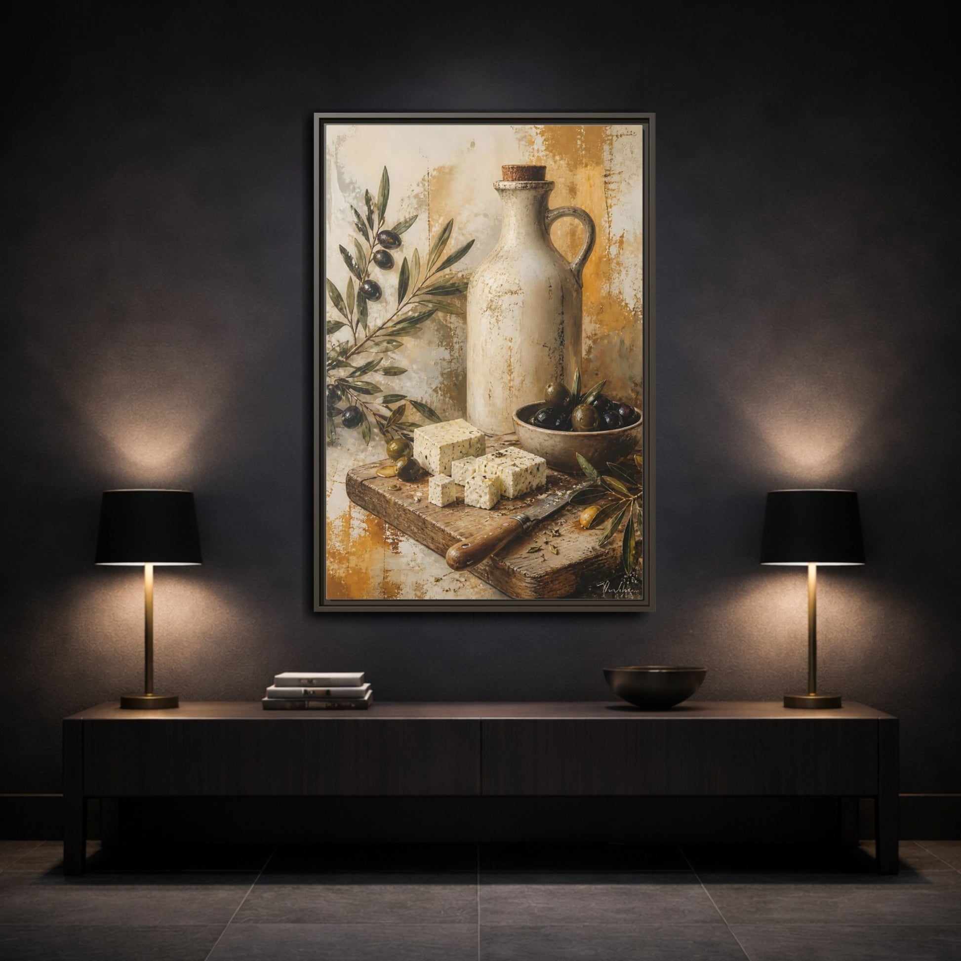 Mockup 3. Olives & Herb Cheese shown as framed canvas print