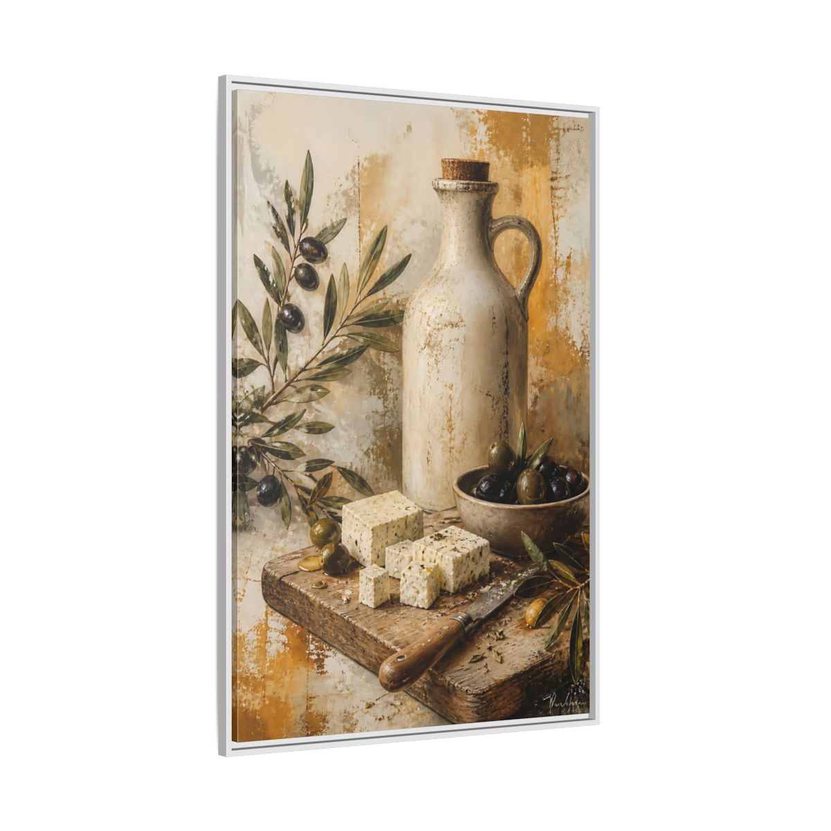 Side Mockup 7. Olives & Herb Cheese shown as framed canvas print