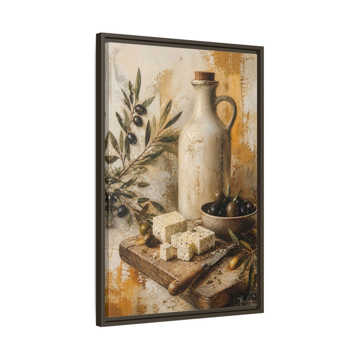 Side Mockup 11. Olives & Herb Cheese shown as framed canvas print