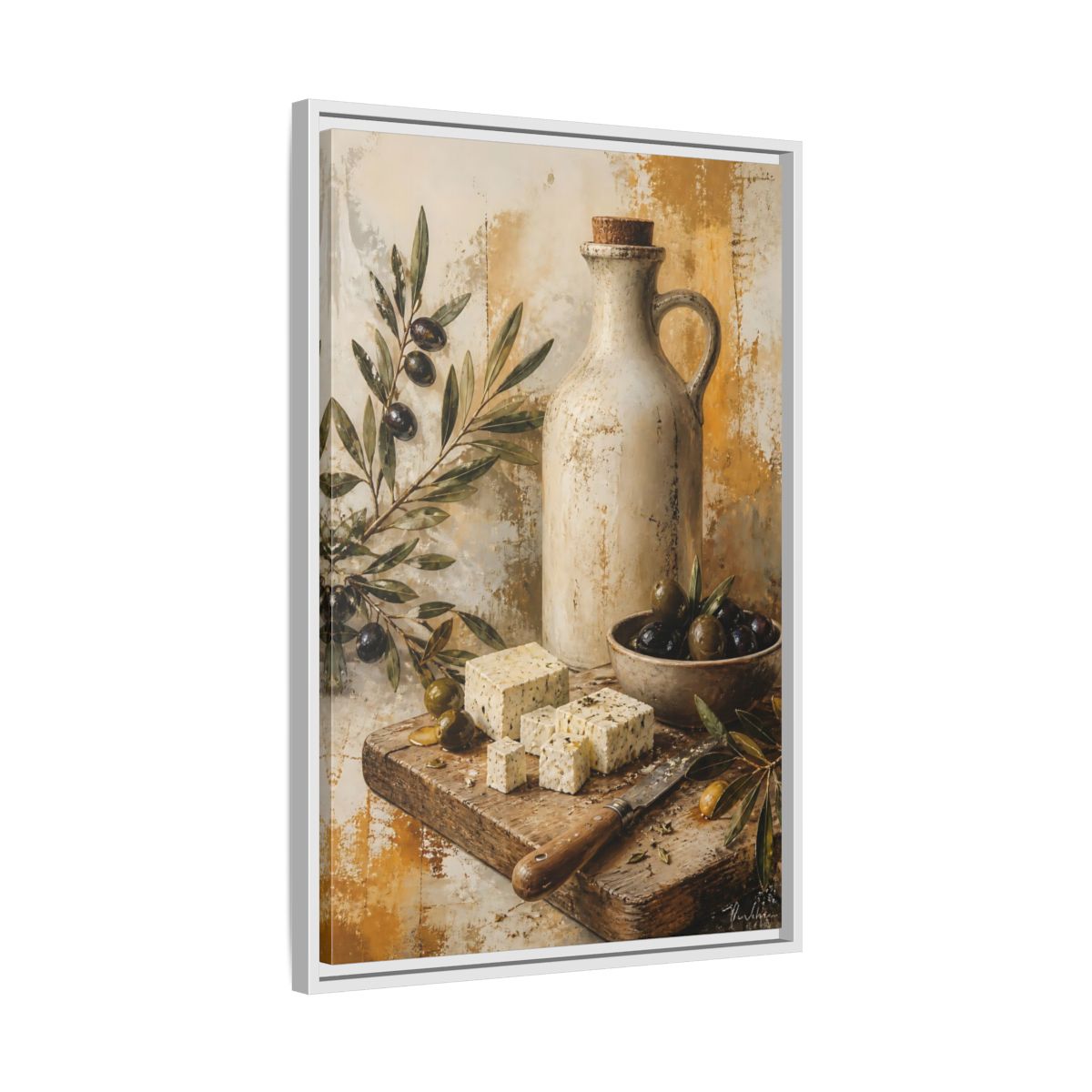Side Mockup 10. Olives & Herb Cheese shown as framed canvas print