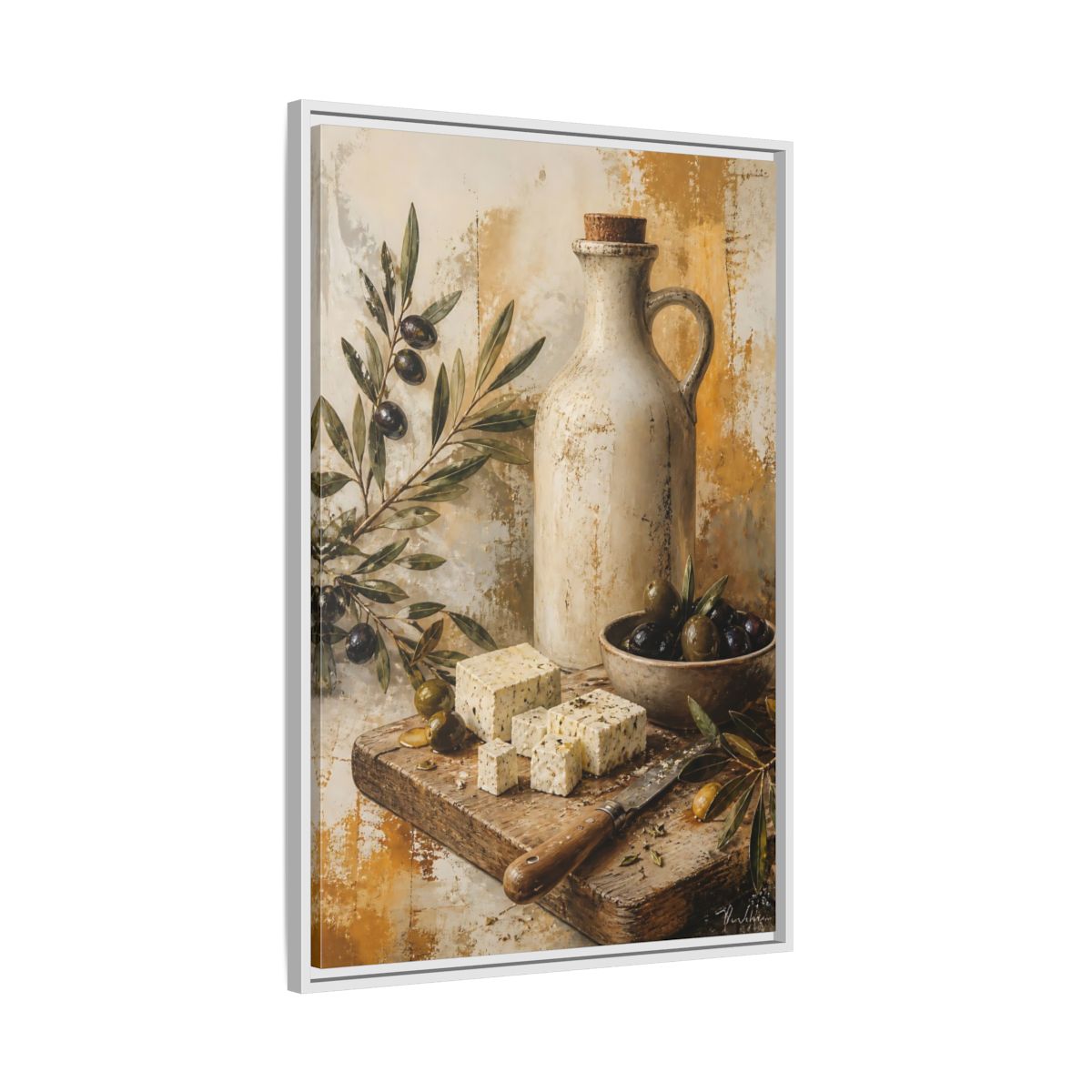 Side Mockup 9. Olives & Herb Cheese shown as framed canvas print