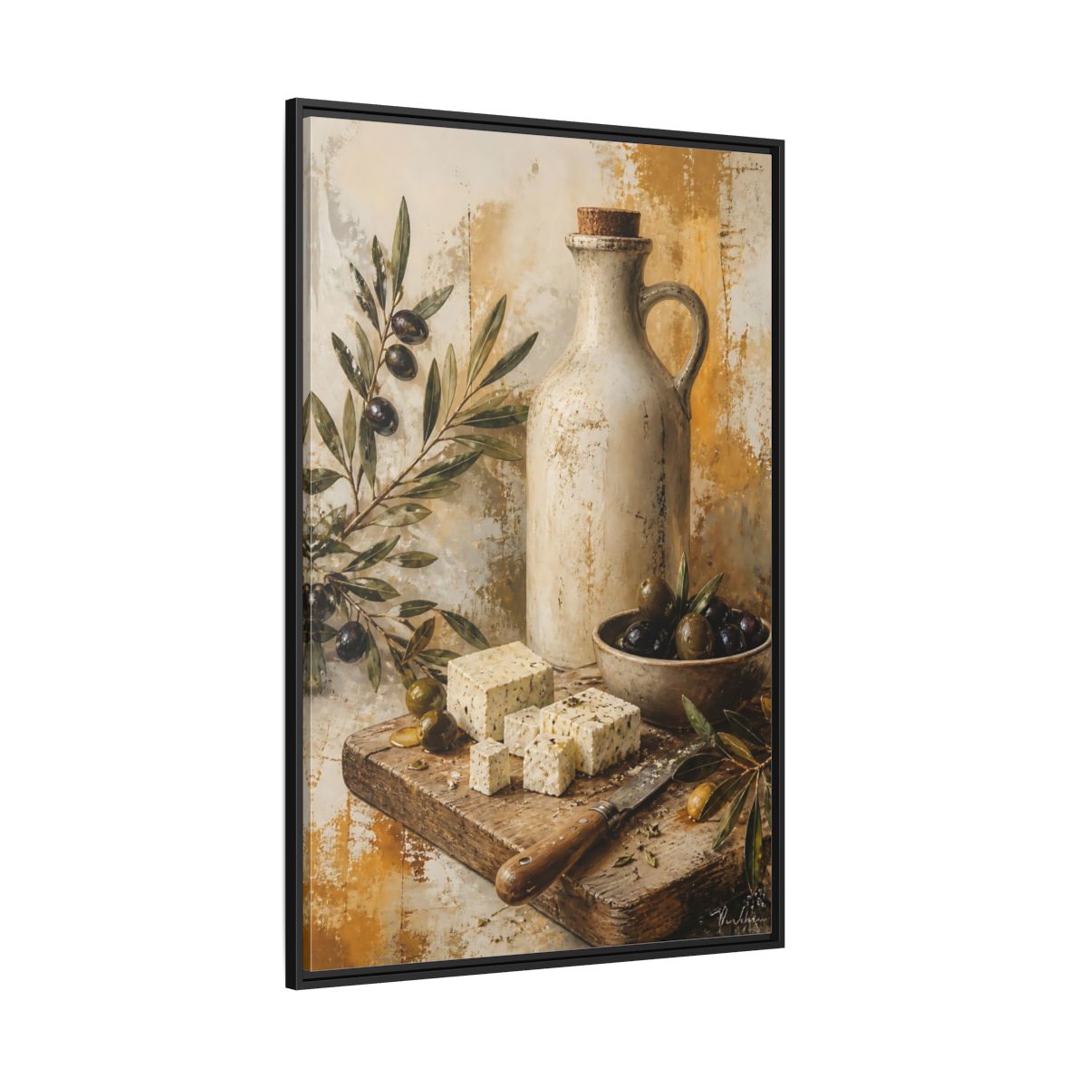 Side Mockup 12. Olives & Herb Cheese shown as framed canvas print