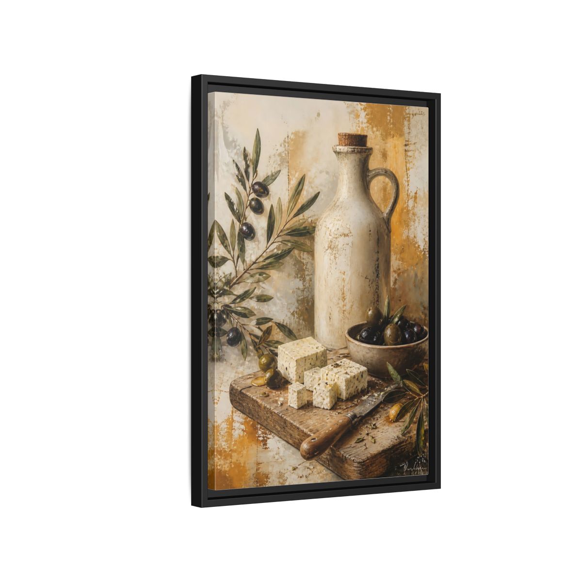 Side Mockup 3. Olives & Herb Cheese shown as framed canvas print
