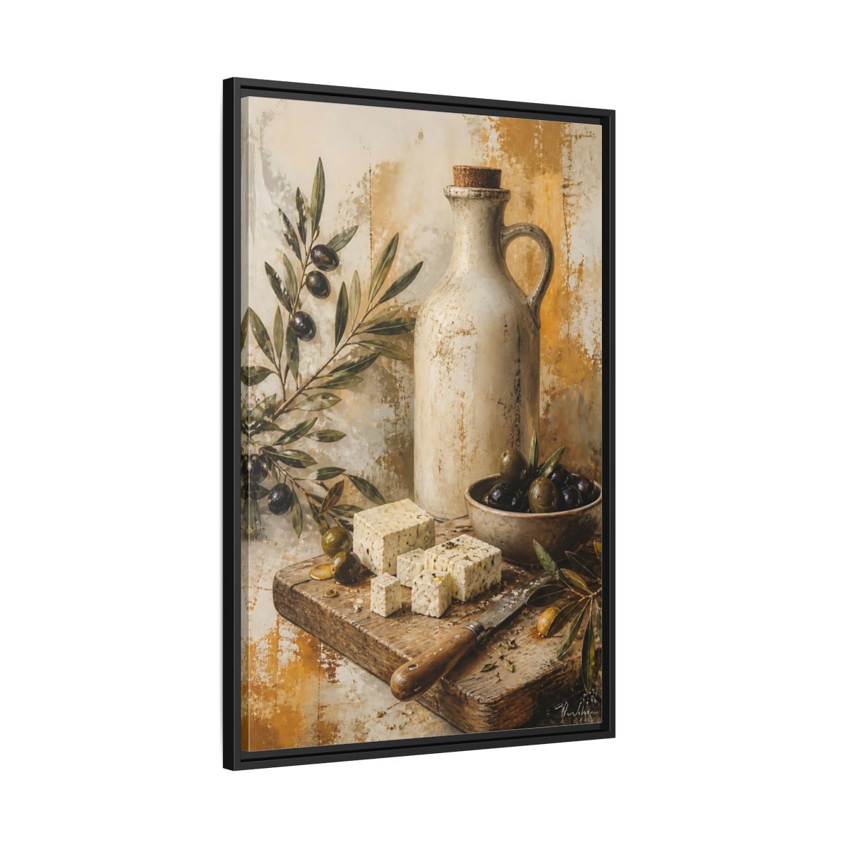 Side Mockup 13. Olives & Herb Cheese shown as framed canvas print