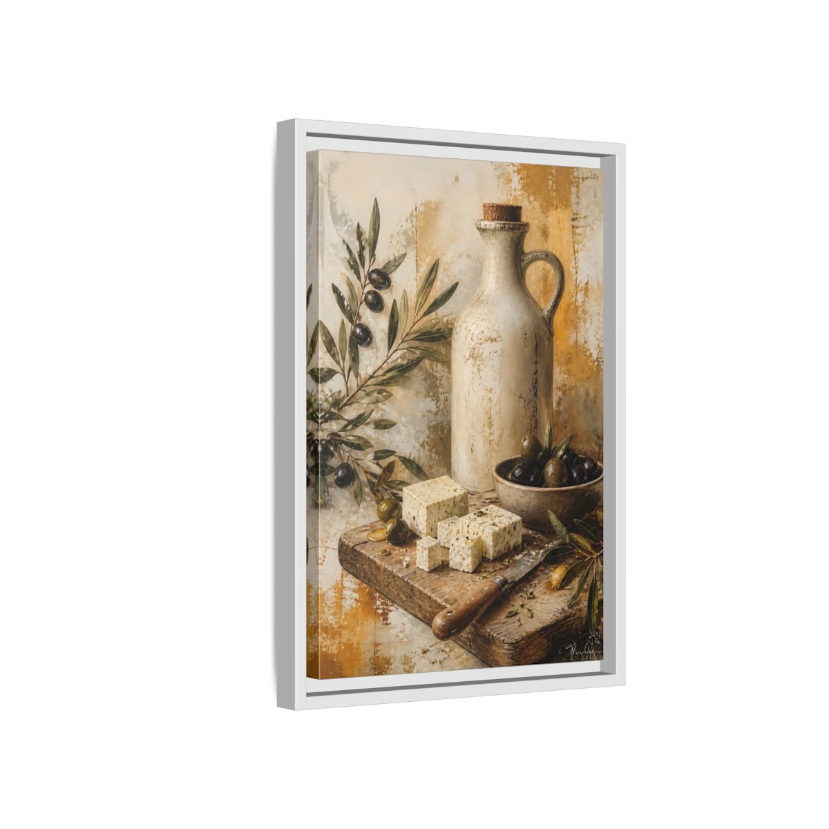 Side Mockup 4. Olives & Herb Cheese shown as framed canvas print