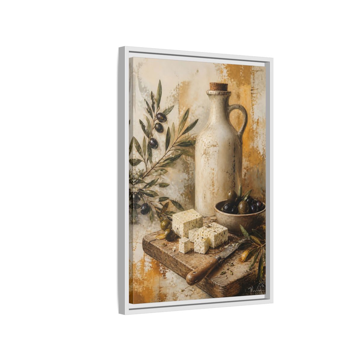 Side Mockup 1. Olives & Herb Cheese shown as framed canvas print
