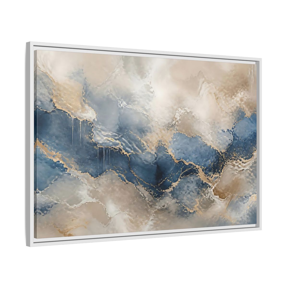 Side Mockup 9. Onyx Blue Marble Wave shown as framed canvas print