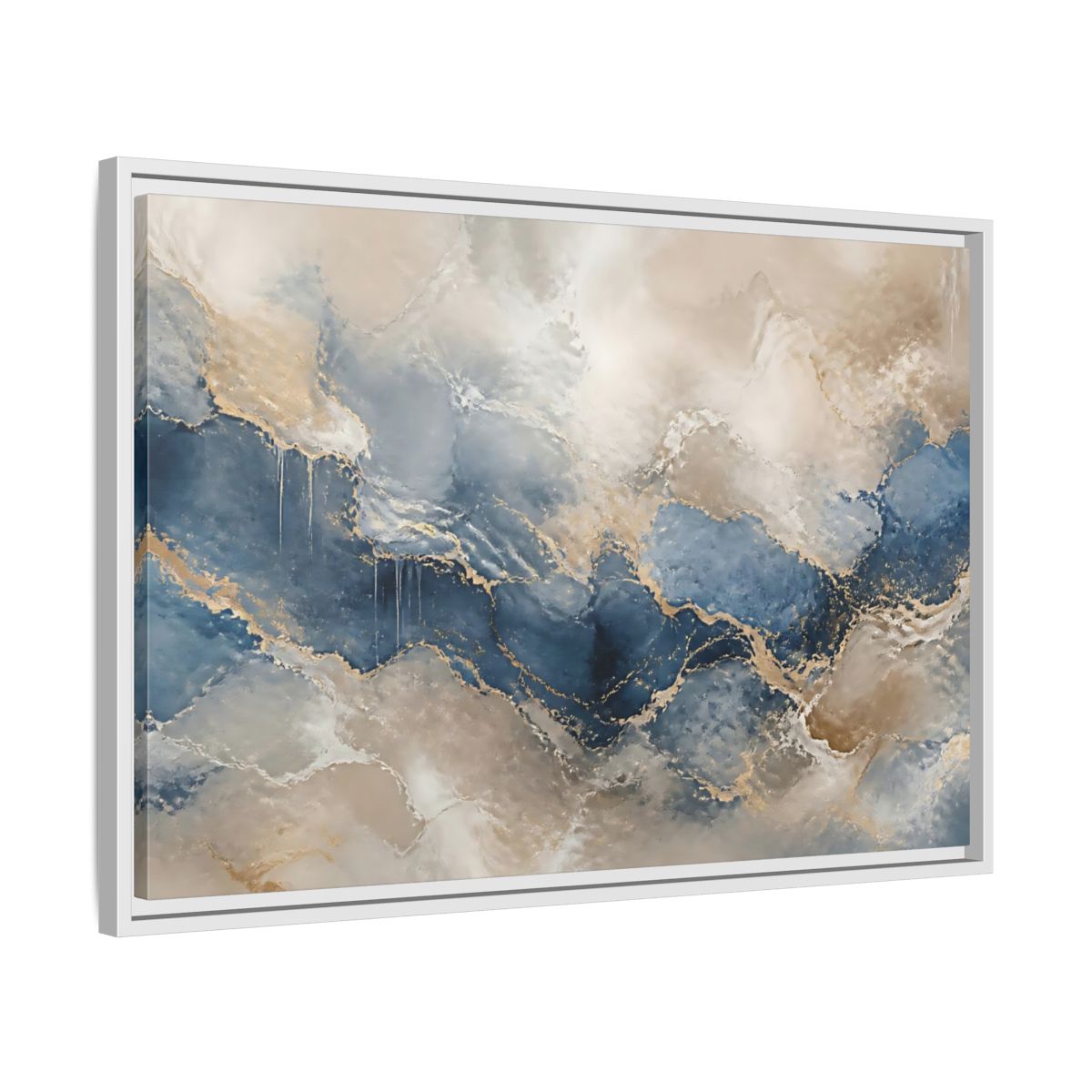 Side Mockup 10. Onyx Blue Marble Wave shown as framed canvas print