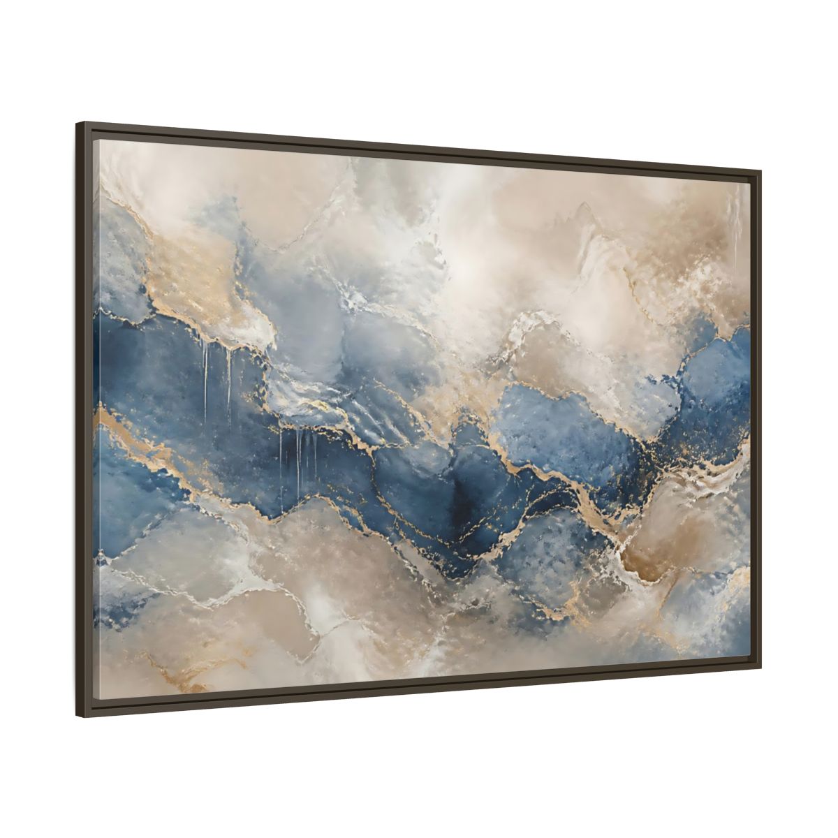 Side Mockup 8. Onyx Blue Marble Wave shown as framed canvas print