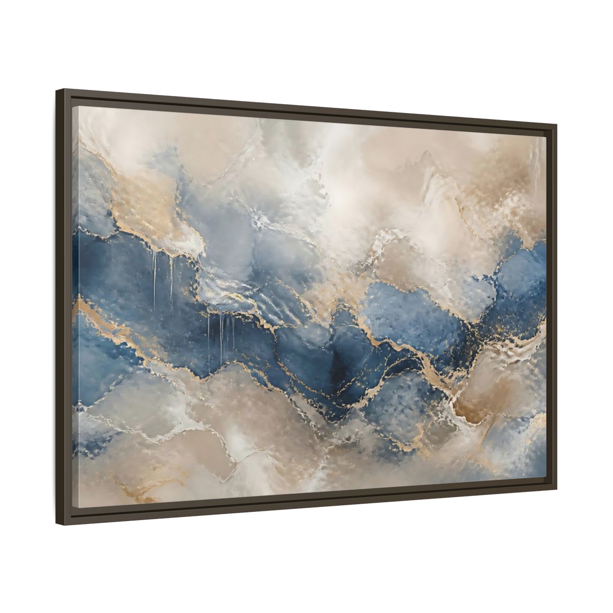 Main Mockup. Onyx Blue Marble Wave shown as framed canvas print