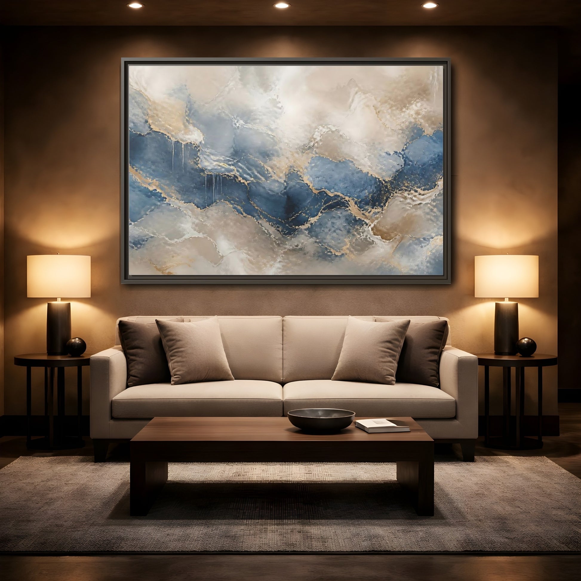Mockup 2. Onyx Blue Marble Wave shown as framed canvas print