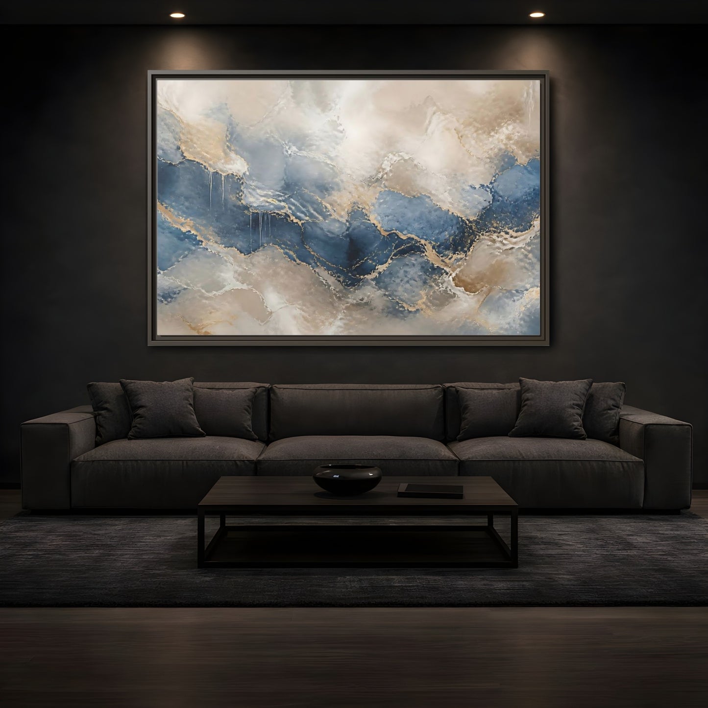 Mockup 3. Onyx Blue Marble Wave shown as framed canvas print