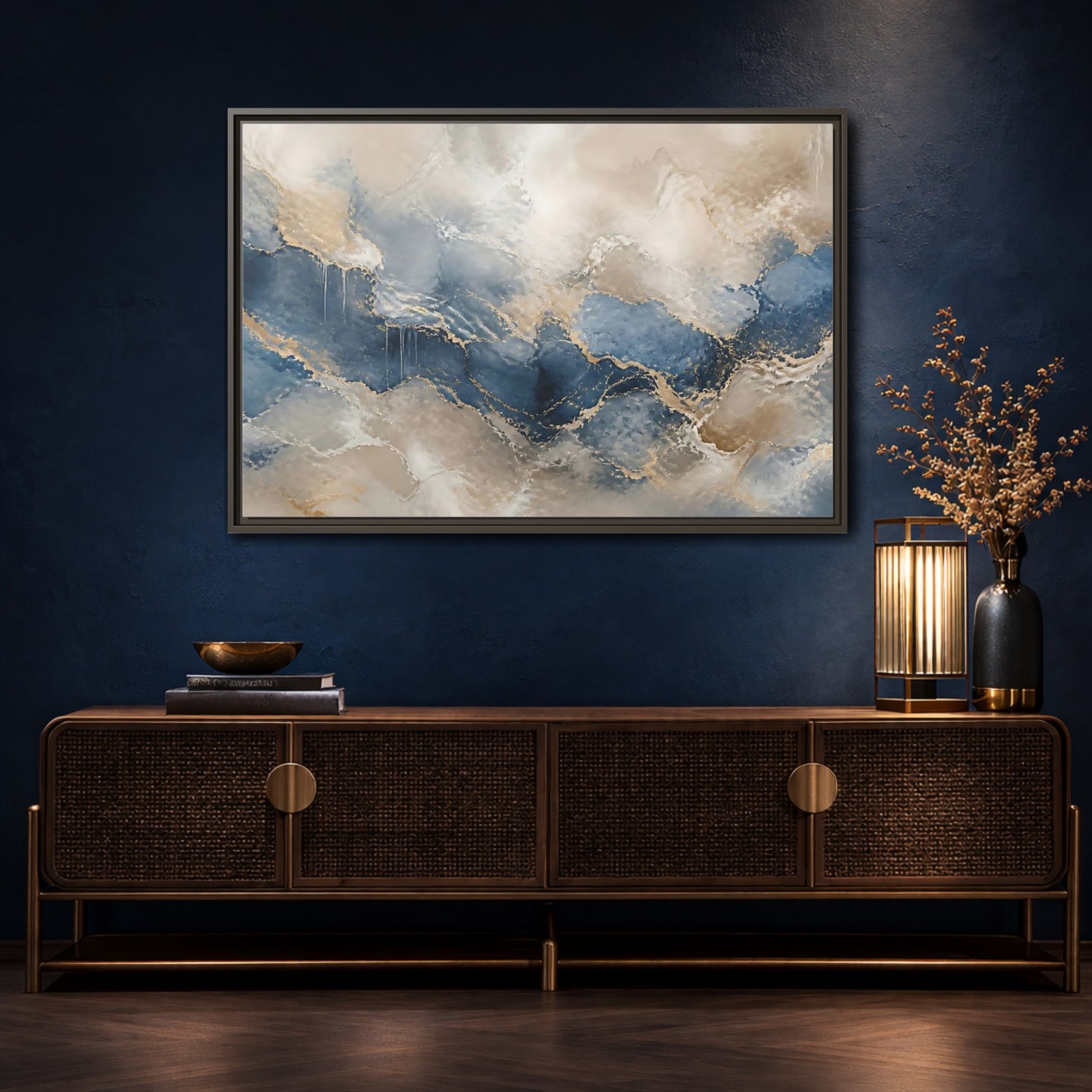 Mockup 4. Onyx Blue Marble Wave shown as framed canvas print