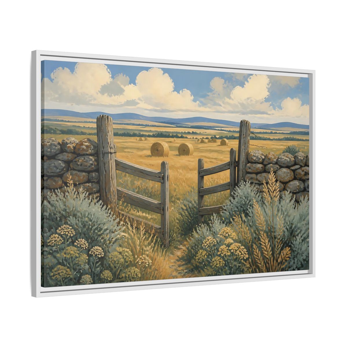 Side Mockup 9. Open Gate To Hayfield shown as framed canvas print