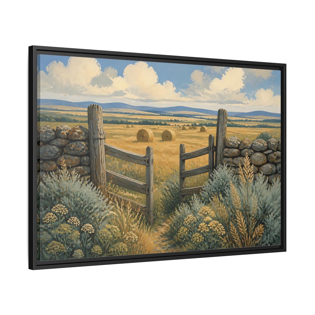 Side Mockup 13. Open Gate To Hayfield shown as framed canvas print