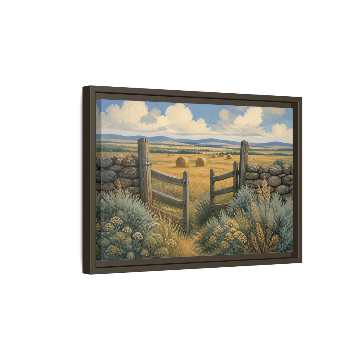 Side Mockup 5. Open Gate To Hayfield shown as framed canvas print