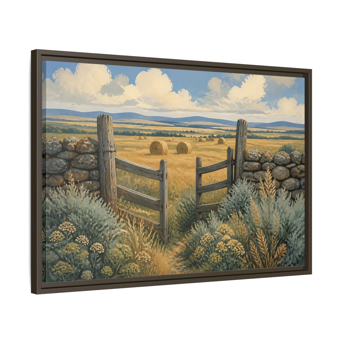 Side Mockup 11. Open Gate To Hayfield shown as framed canvas print