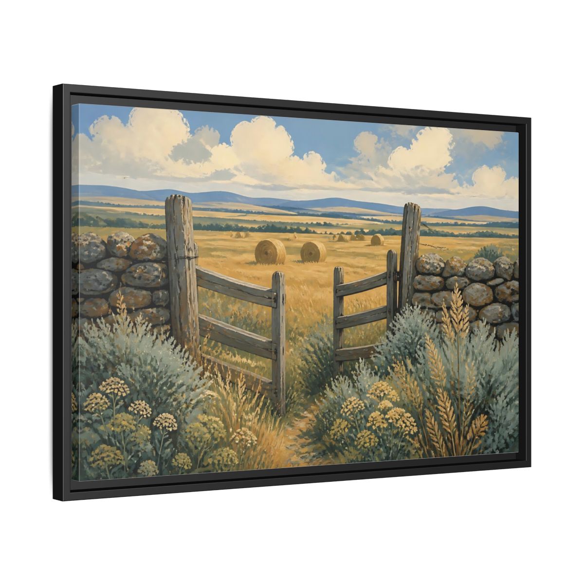 Side Mockup 14. Open Gate To Hayfield shown as framed canvas print