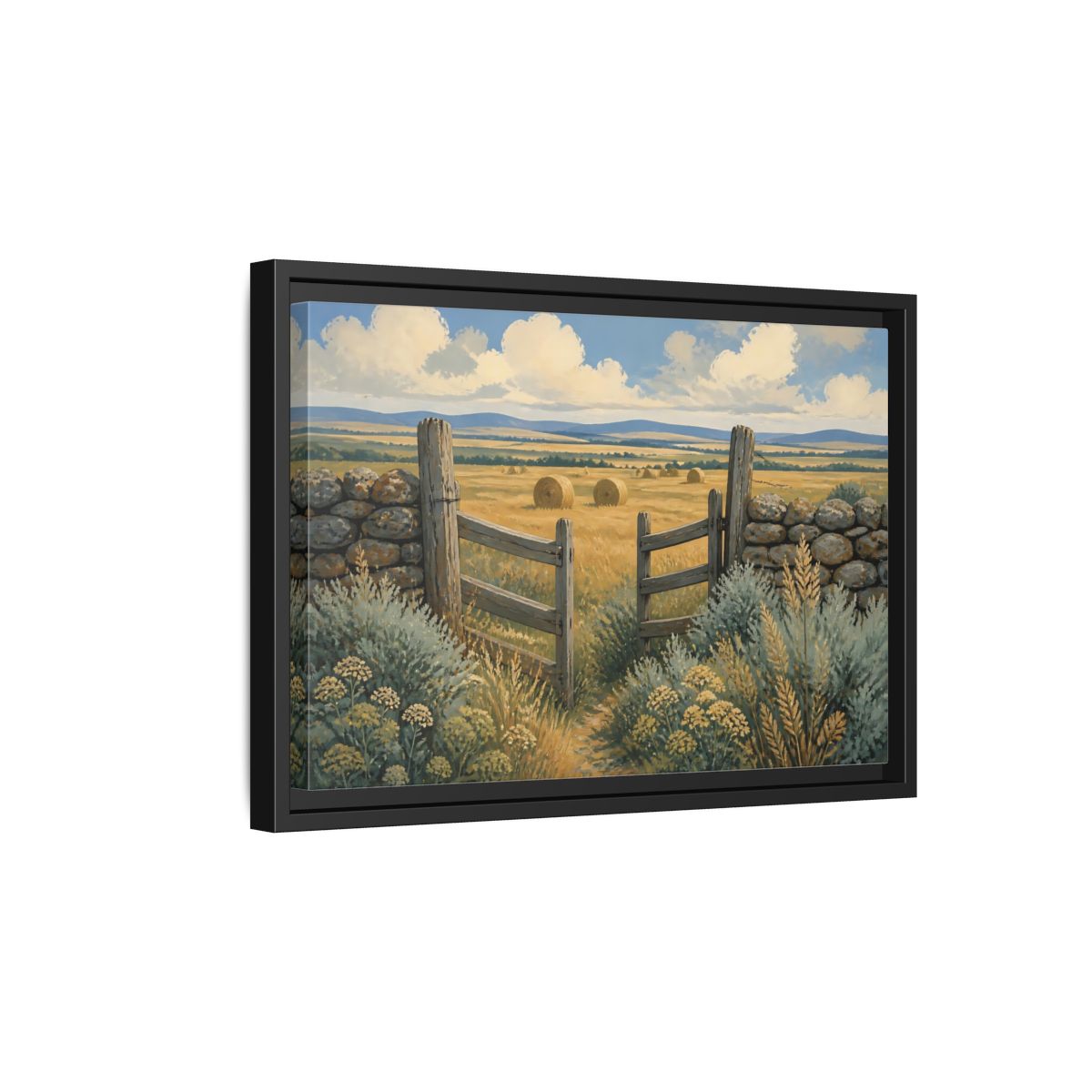 Side Mockup 6. Open Gate To Hayfield shown as framed canvas print