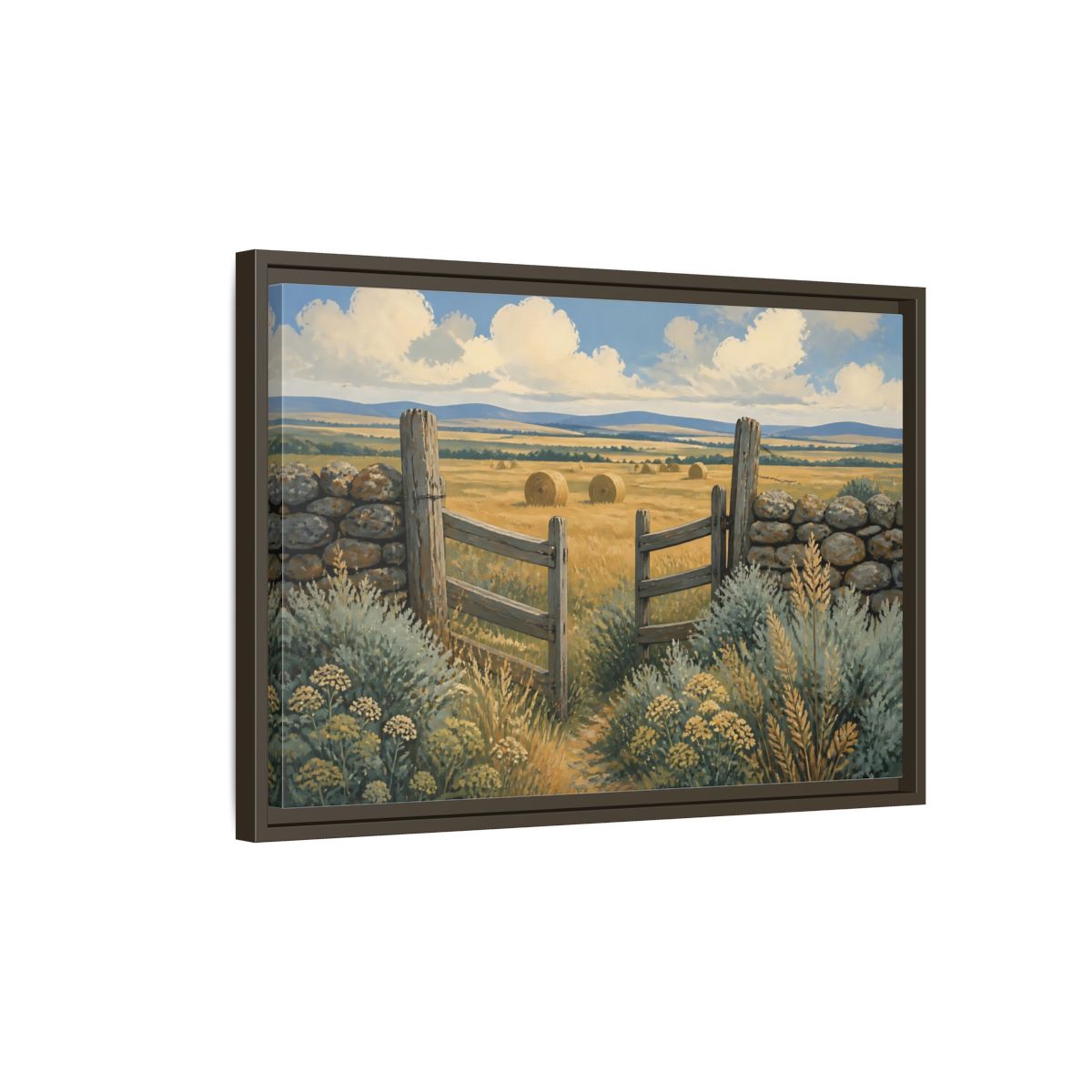 Side Mockup 2. Open Gate To Hayfield shown as framed canvas print