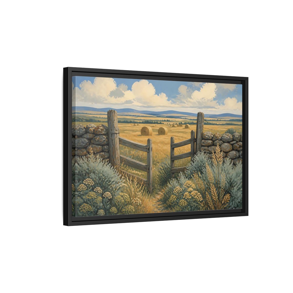Side Mockup 3. Open Gate To Hayfield shown as framed canvas print