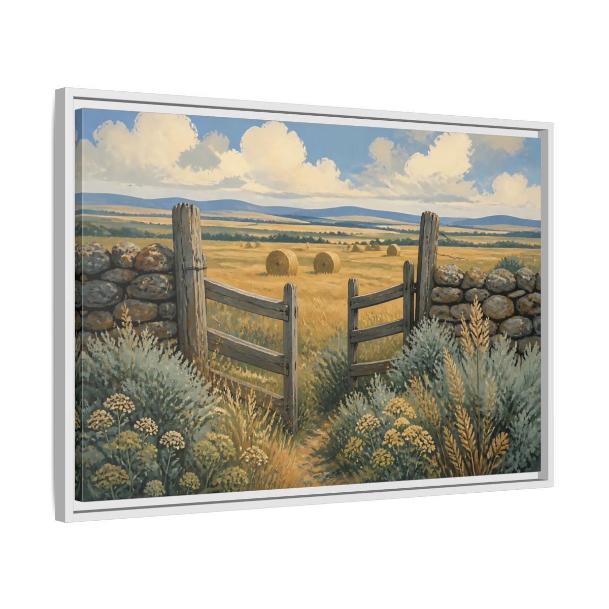 Side Mockup 10. Open Gate To Hayfield shown as framed canvas print