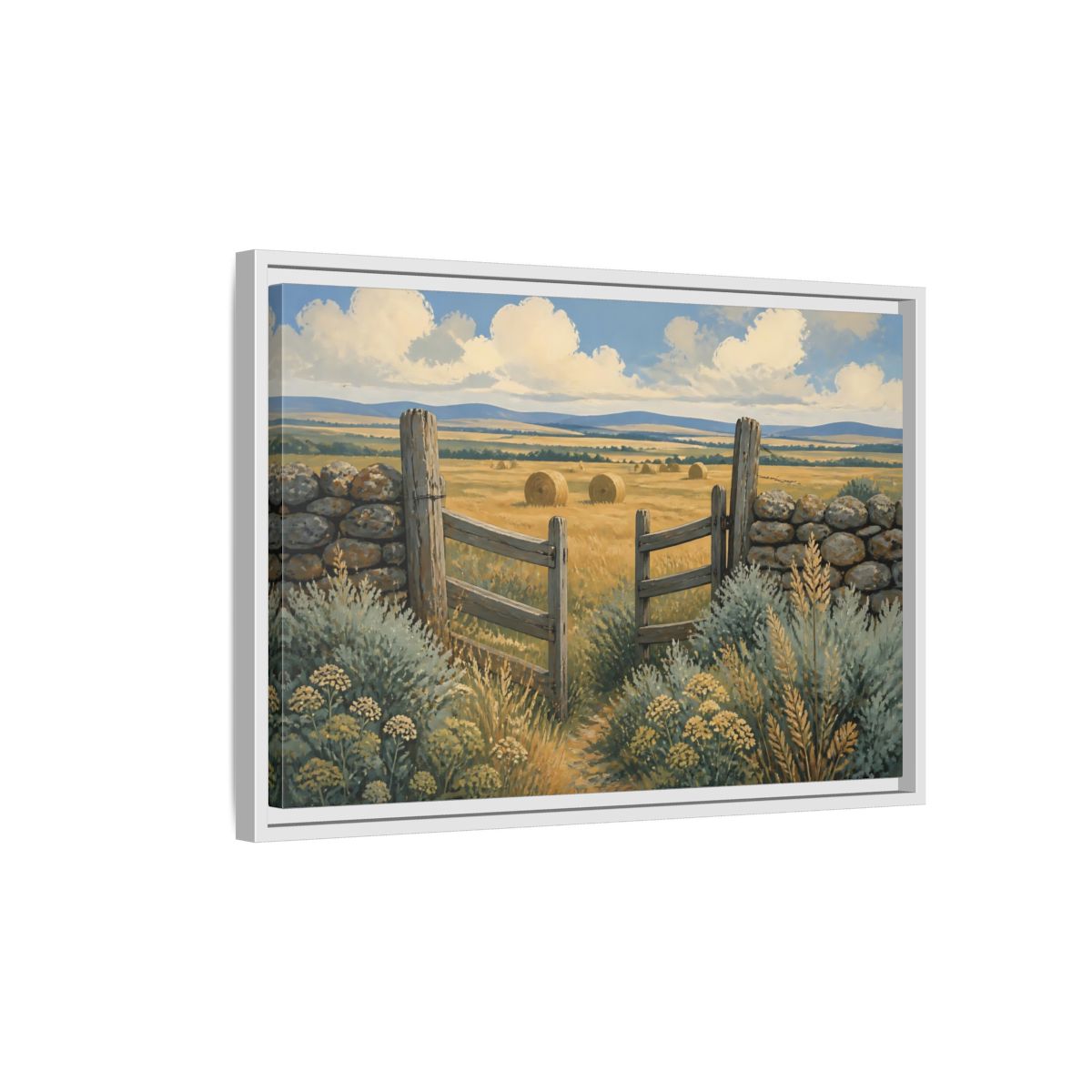 Side Mockup 1. Open Gate To Hayfield shown as framed canvas print