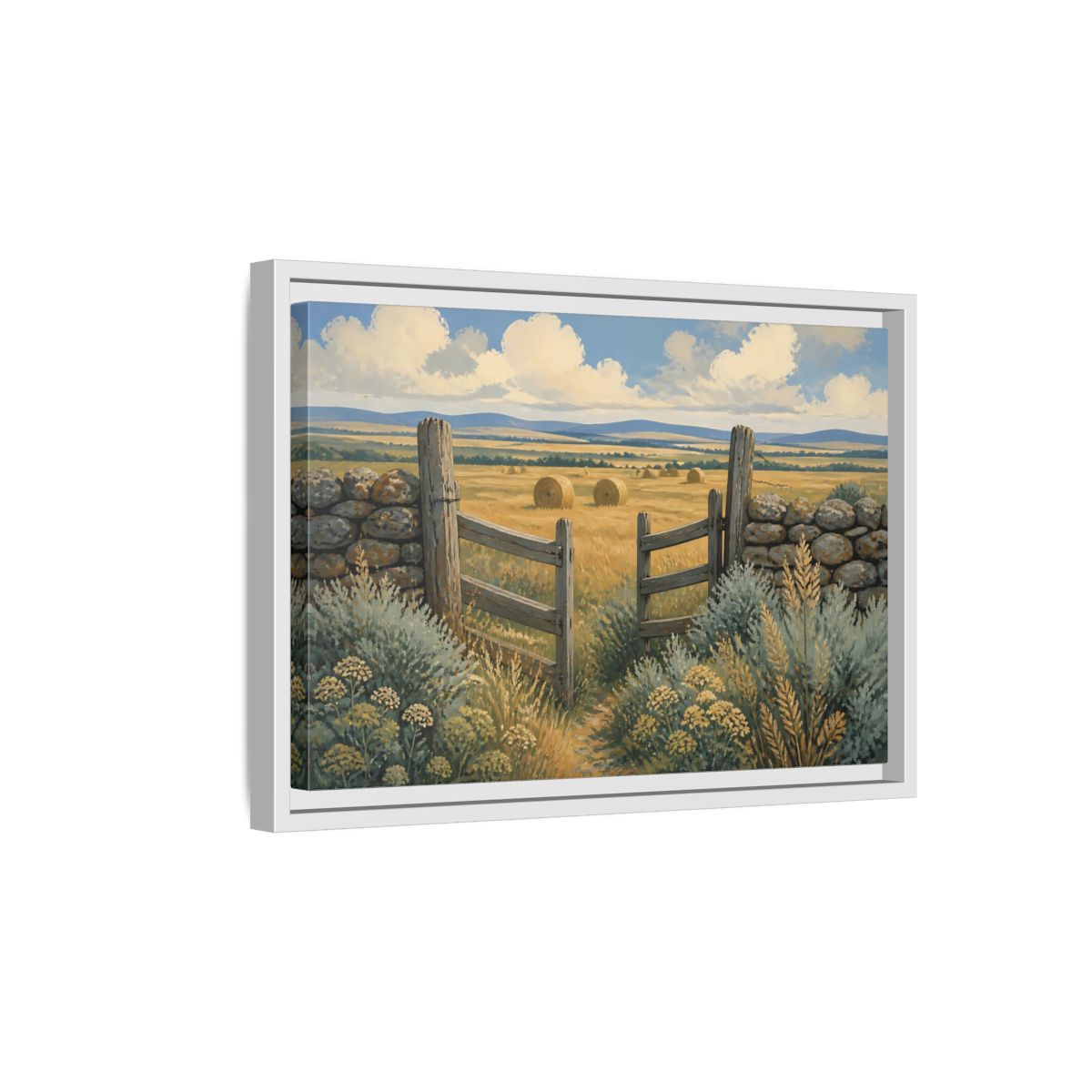 Side Mockup 4. Open Gate To Hayfield shown as framed canvas print